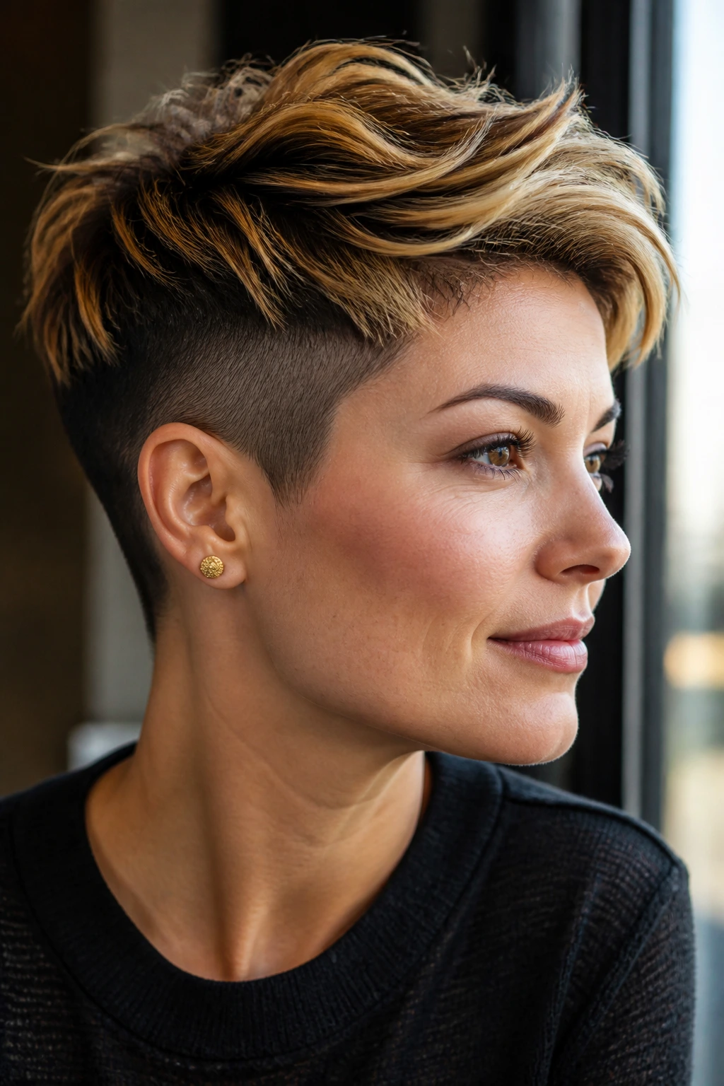 Close-up of pixie with undercut and gold dust balayage
