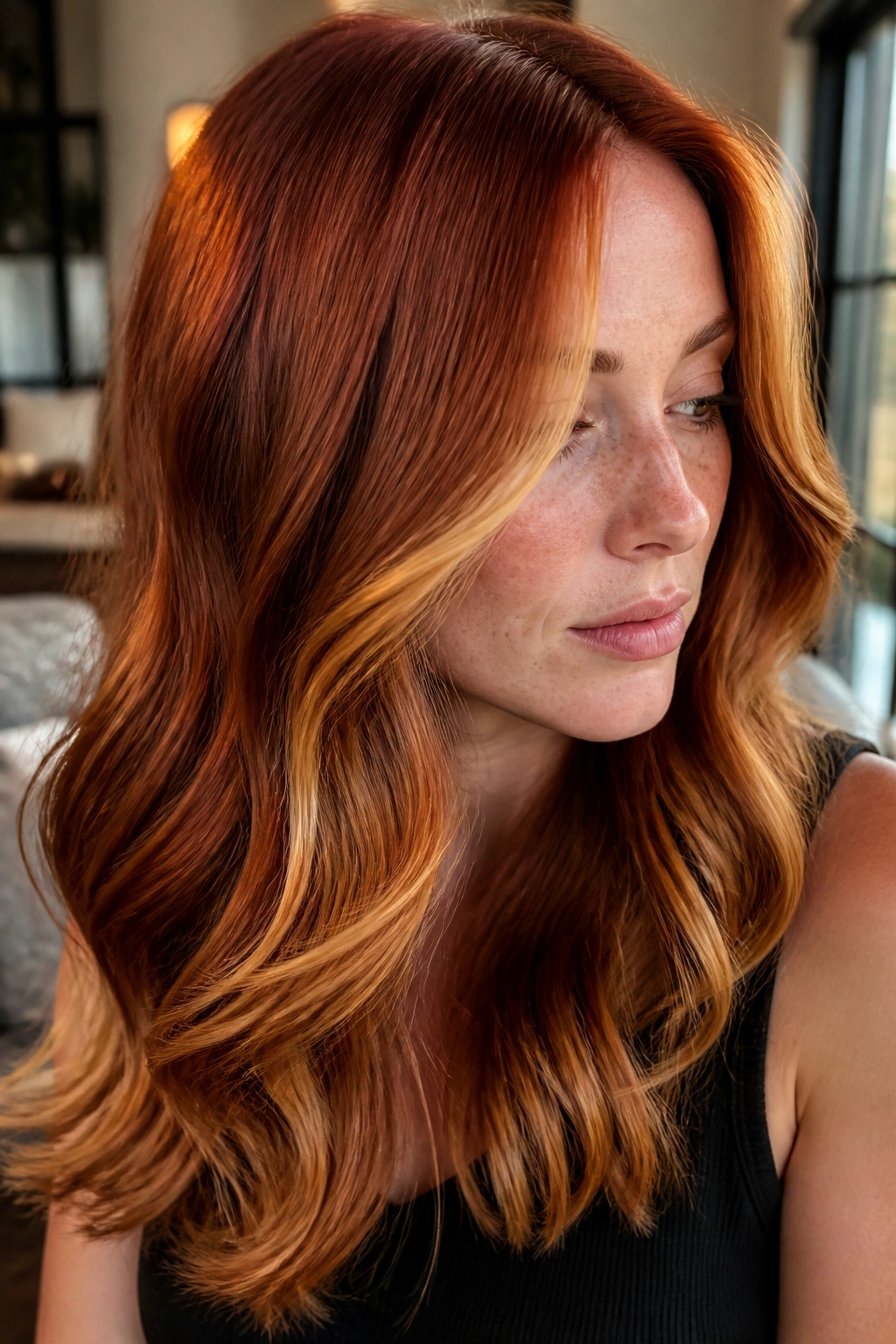 Close-up of a real woman with gold-dusted on red hair at ends and face frame.