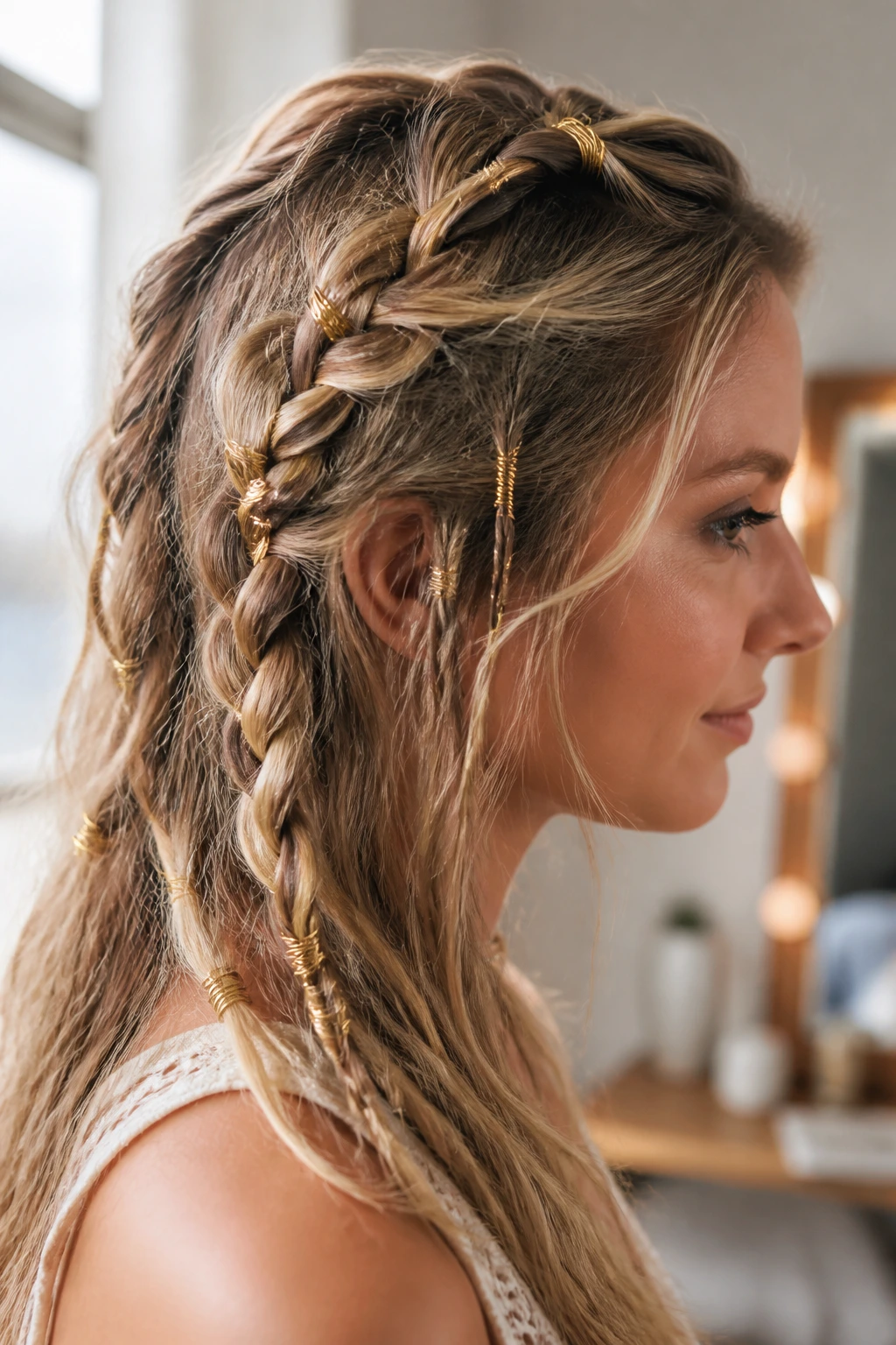 Close-up of a real woman's braid with gold wire wraps around sections, warm natural light