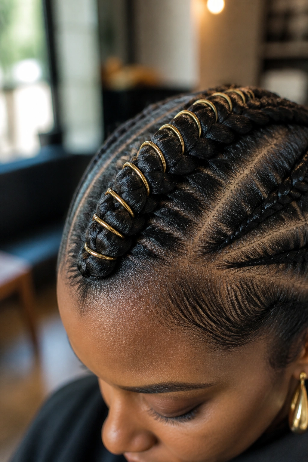 Close-up of a gold wire spiral wrapped around a thick braid on a real person's head