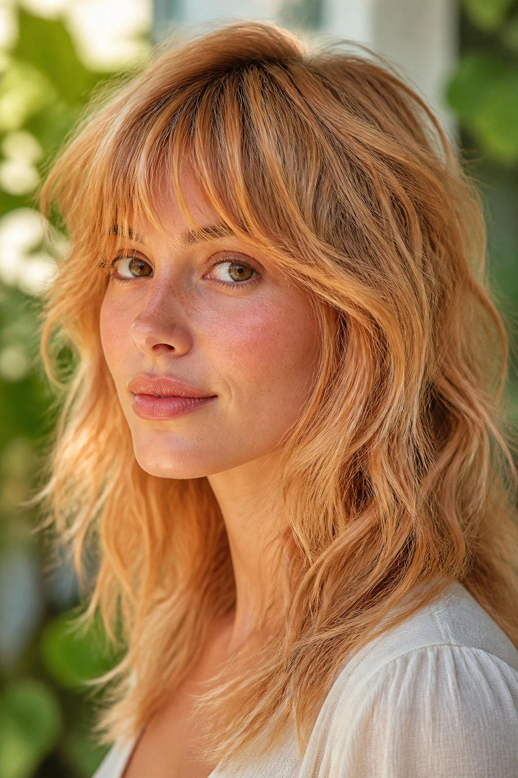 Portrait of a woman with golden apricot blonde warmth on layered shag cut.