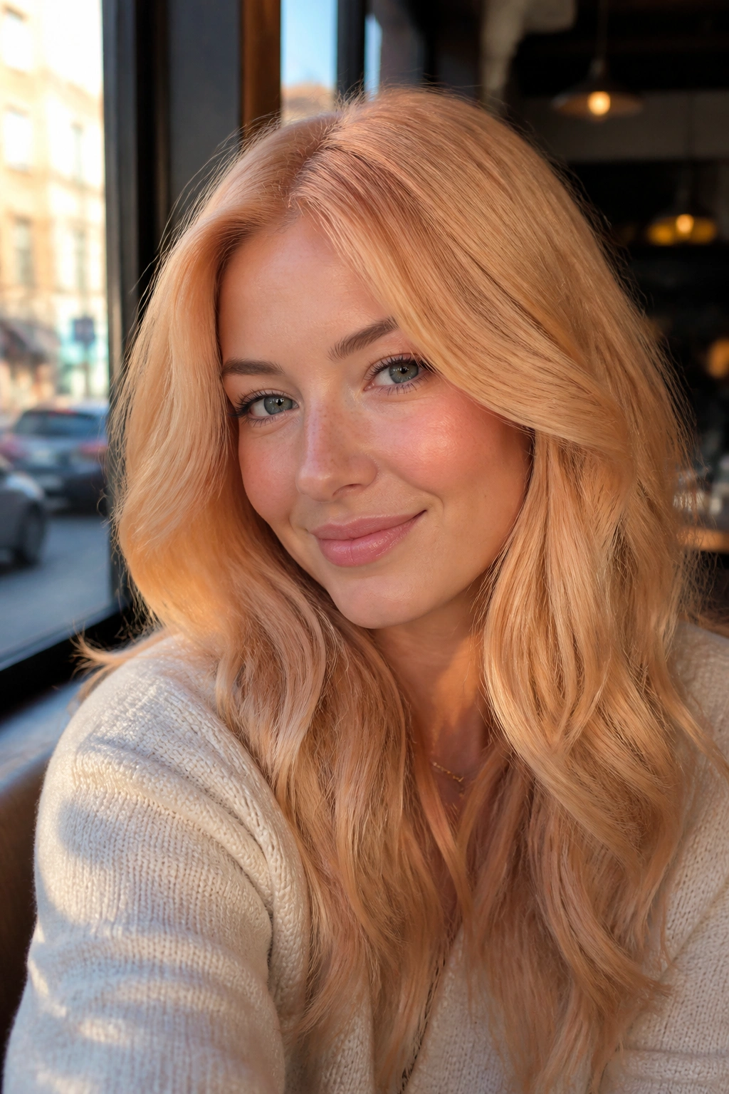 Portrait of a woman with golden apricot blonde in golden hour light at a cafe