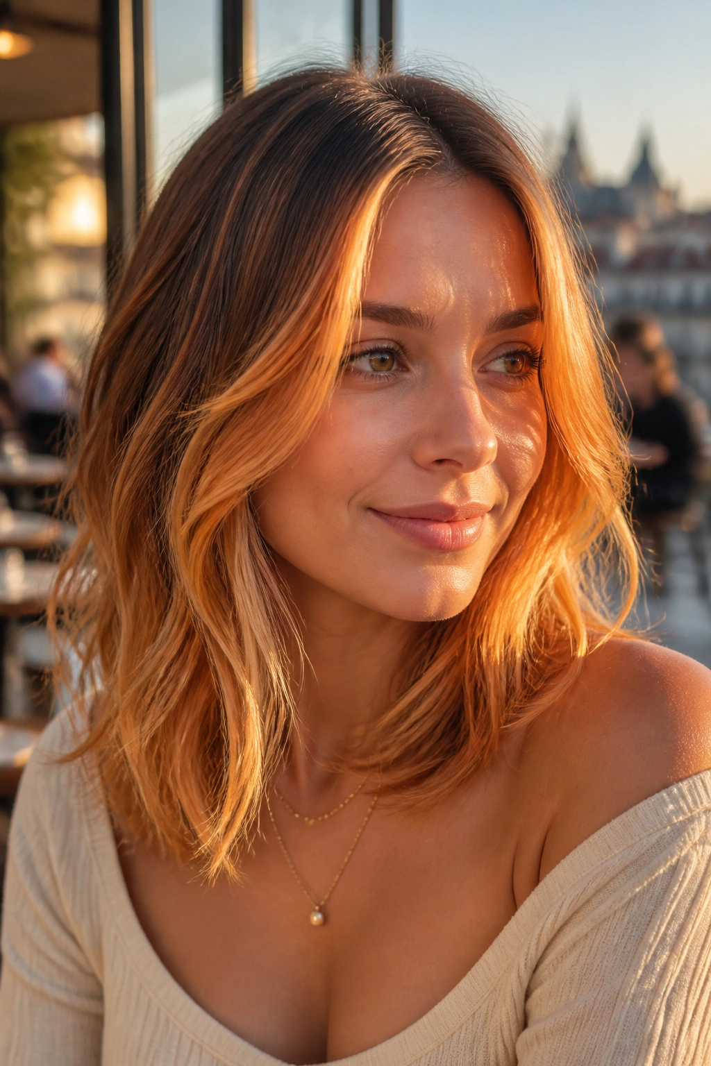 Close-up portrait of a real woman with golden apricot pieces in front hair