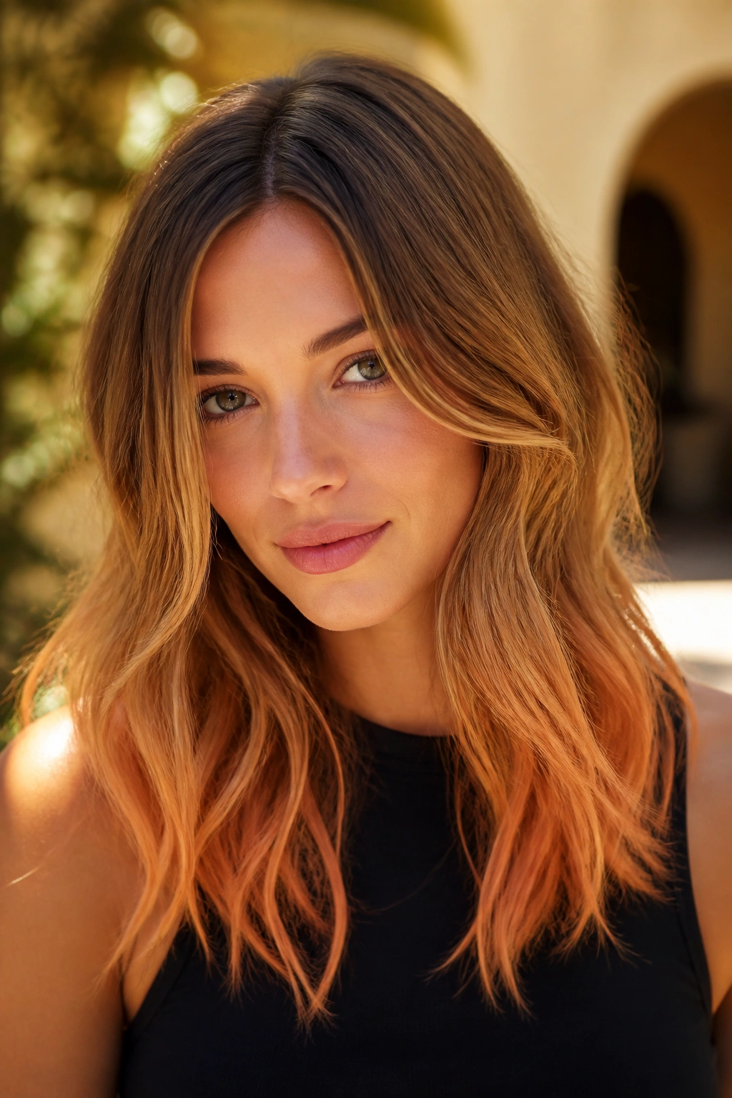Close-up of a woman with golden apricot tipped ombre hair