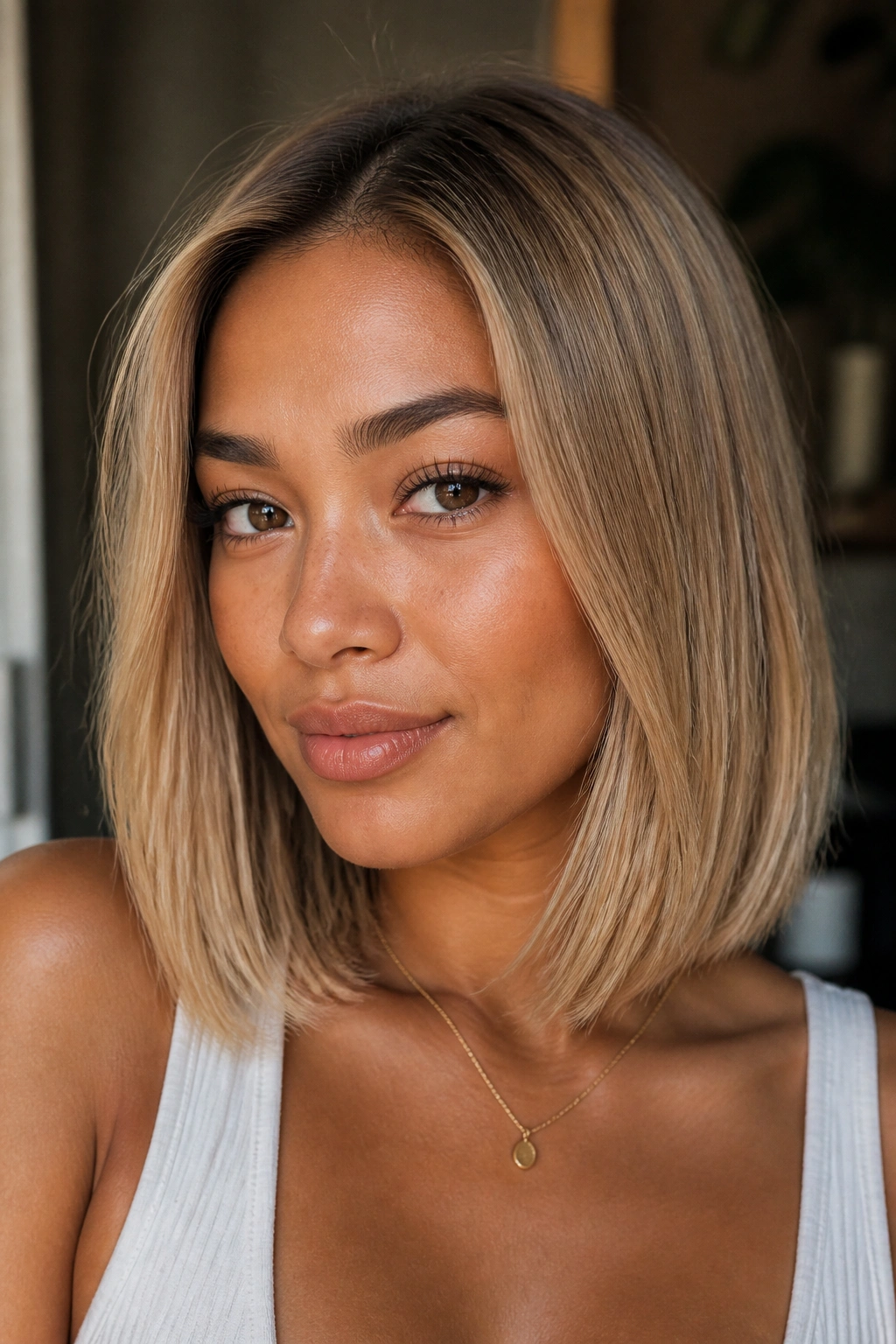 Close-up portrait of a real woman with a golden beige lob hairstyle on tan skin