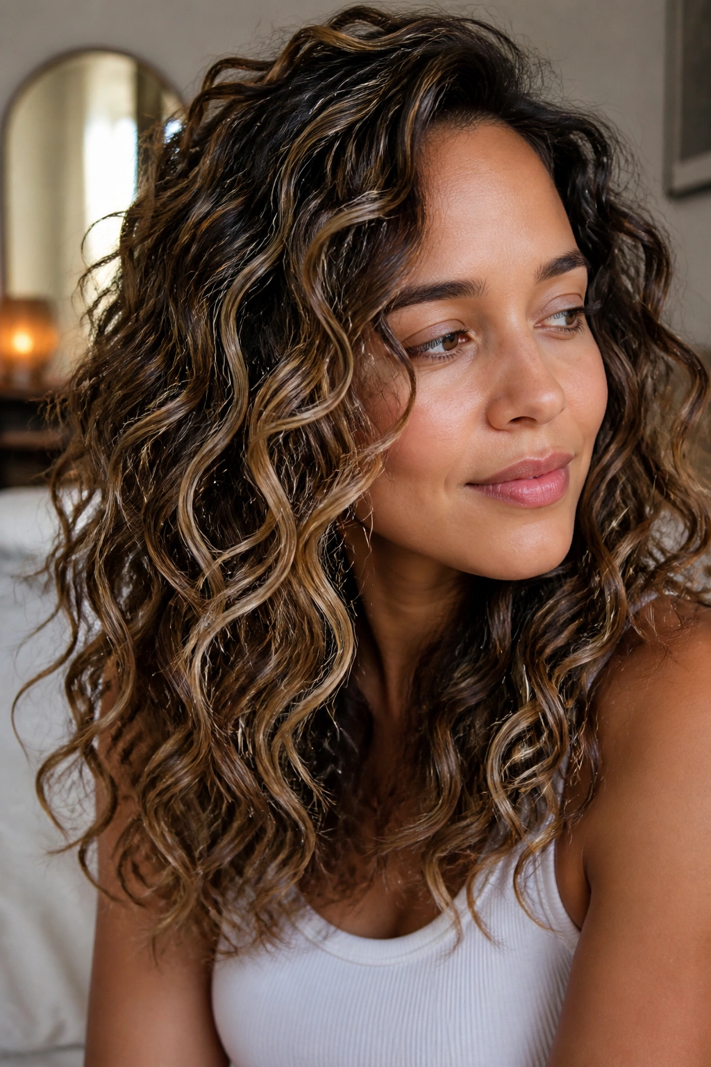 Close-up of a real woman with loose curls featuring golden beige ribbons along the curls