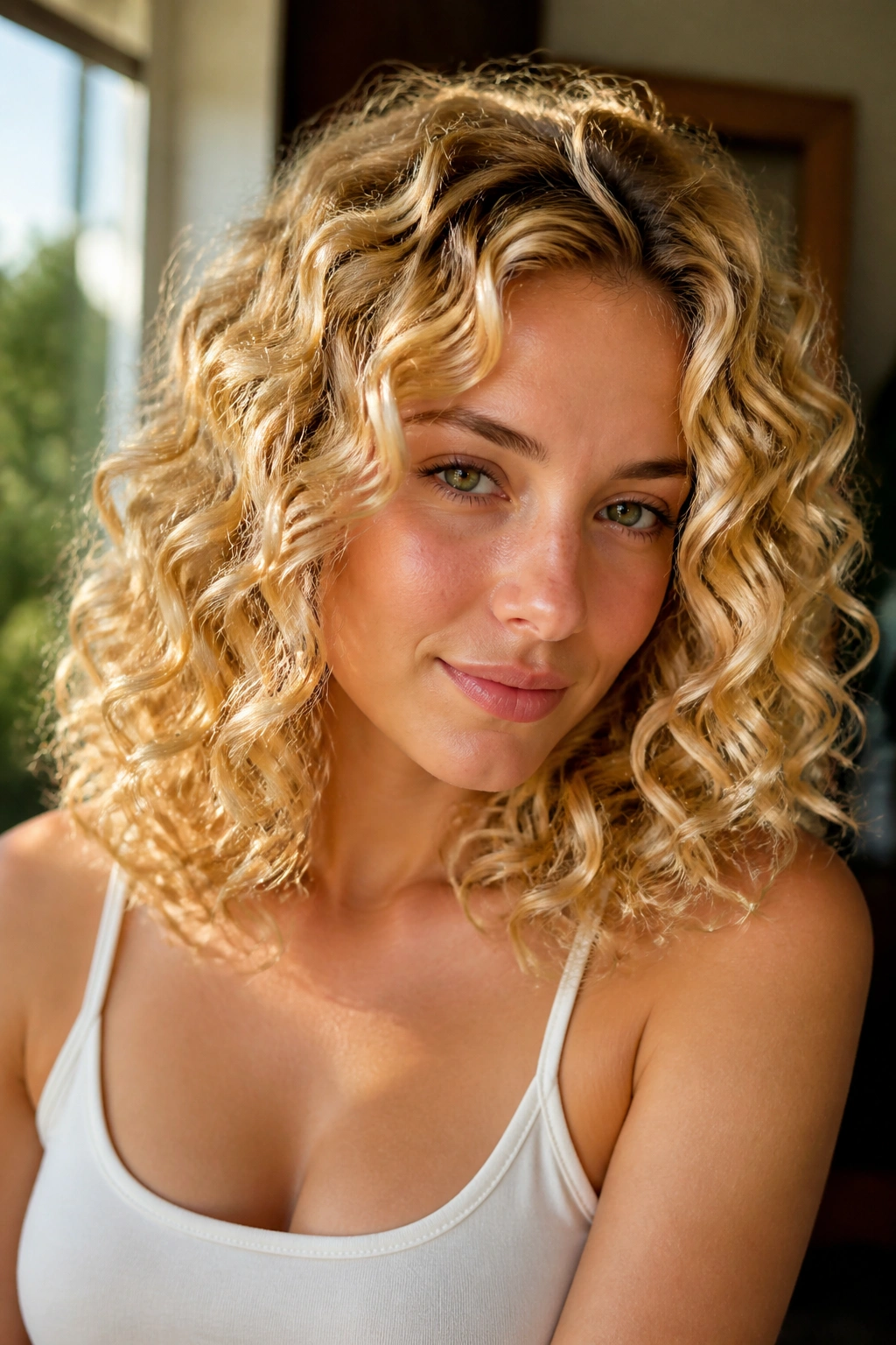 Real woman with golden blonde curls and rounded layers