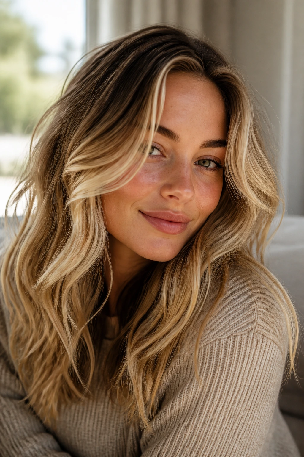 Close-up of a real woman with golden face-framing highlights on wavy hair