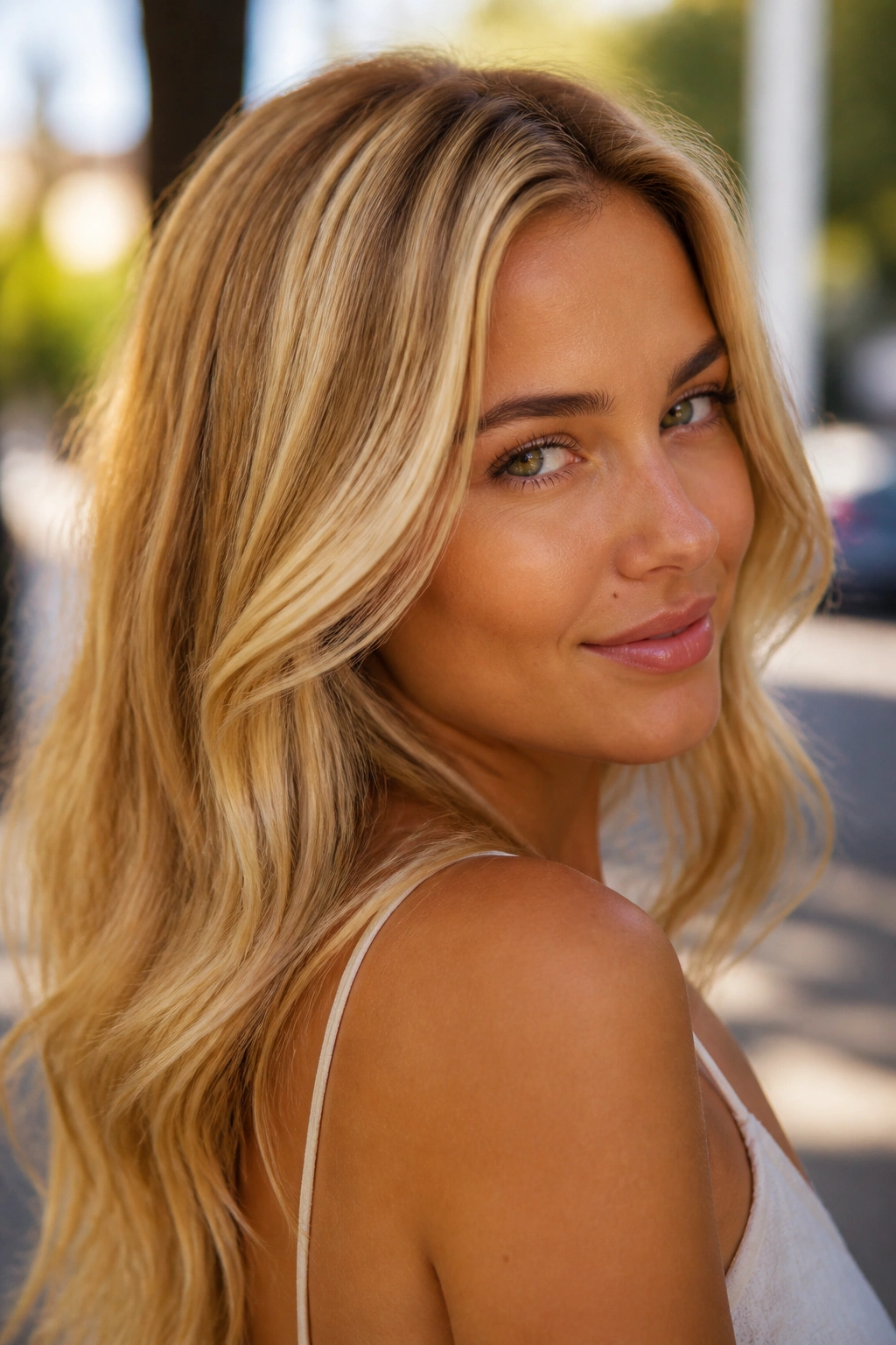 Close-up of a real person with golden blonde hair under outdoor sunlight