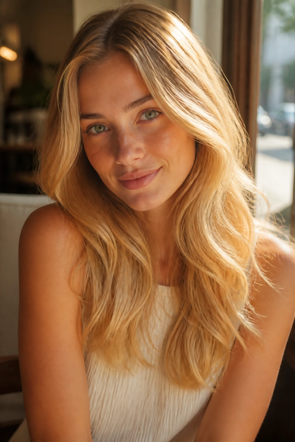 Close-up portrait of a real woman with golden blonde hair in sunlit cafe light