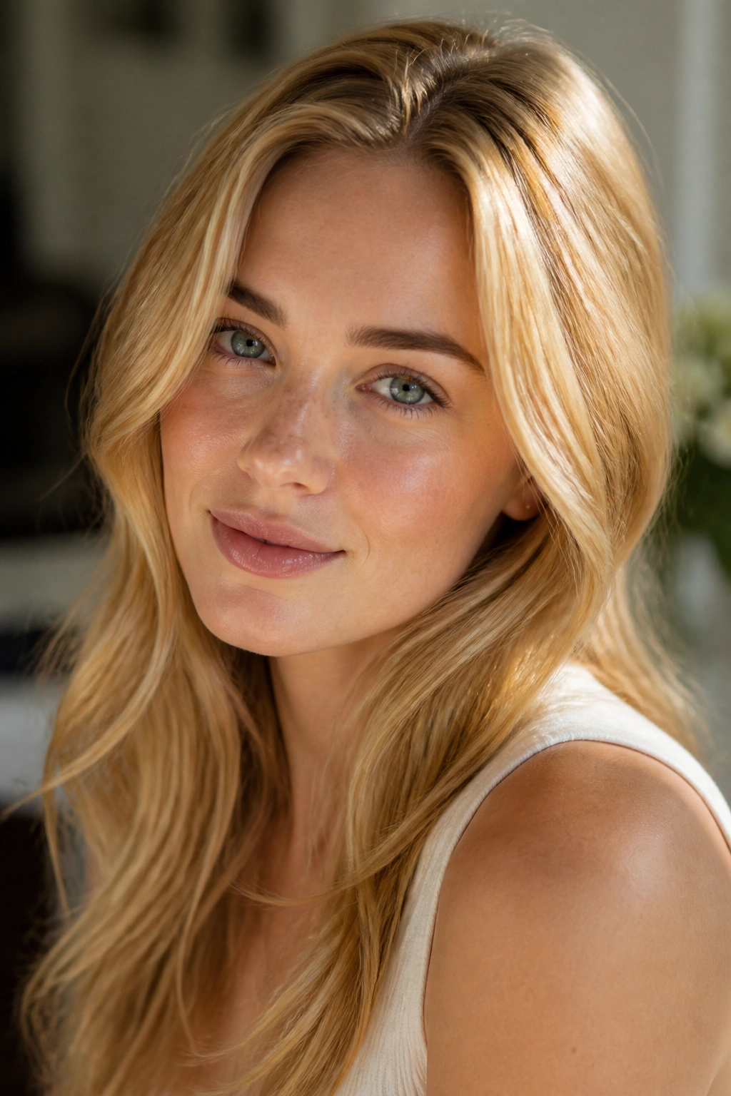 Close-up portrait of a real woman with golden blonde hair in rich warm gold tones