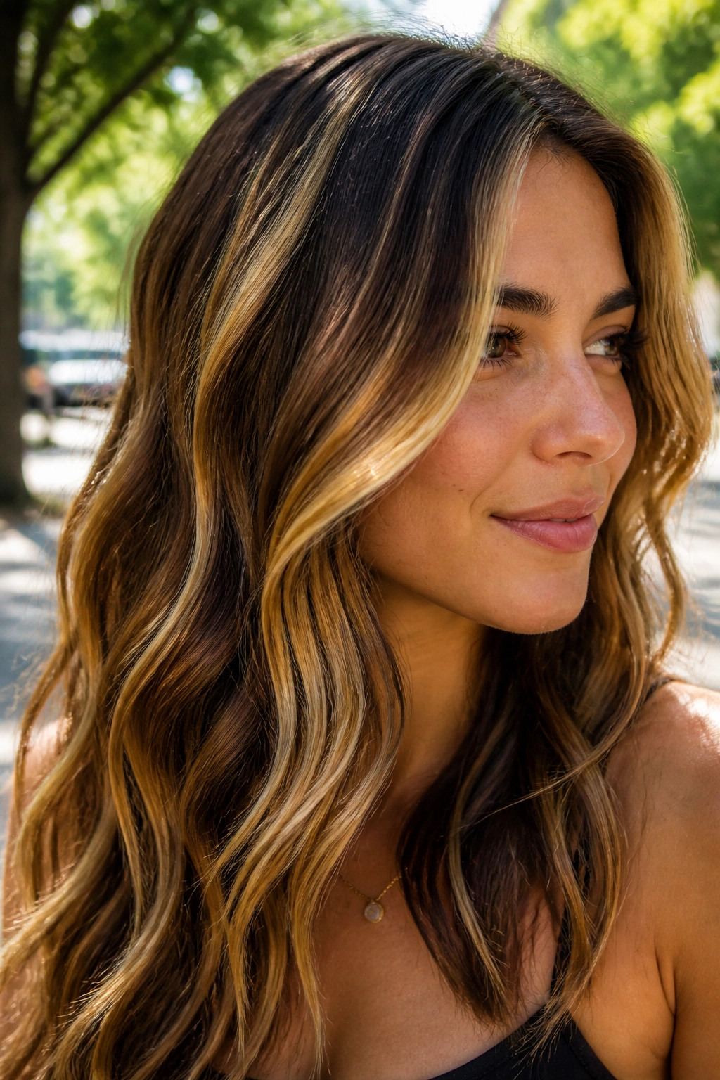 Close-up of a real woman with warm brown hair and golden blonde streaks.