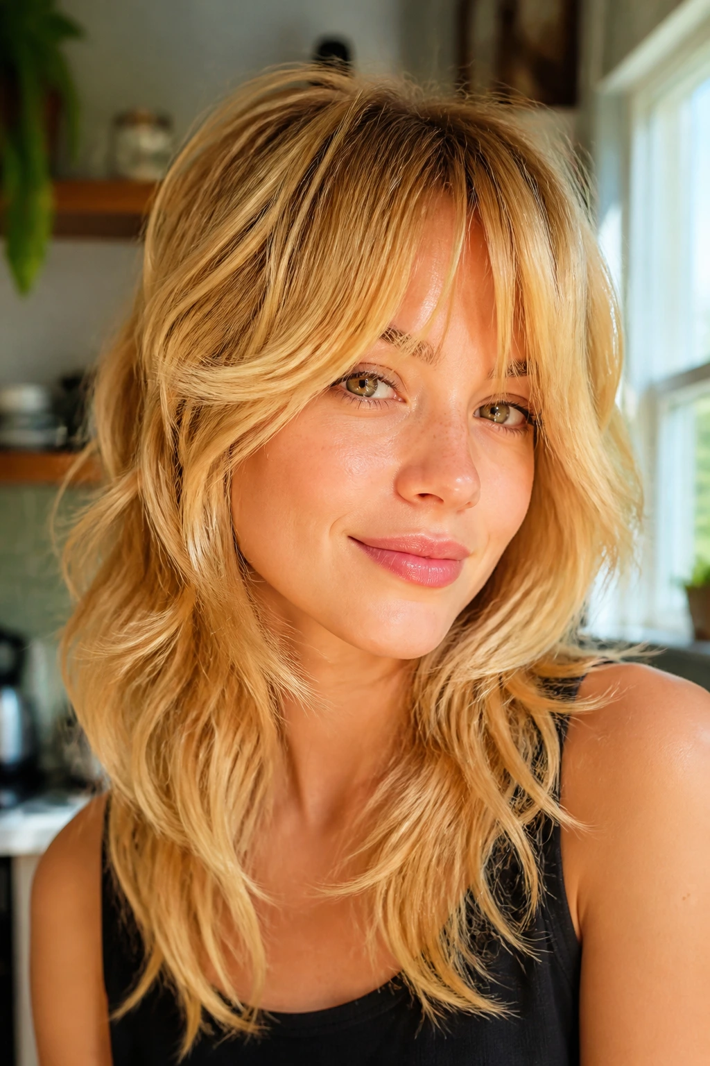 Real person with golden blonde wolf cut and bottleneck bangs in warm light