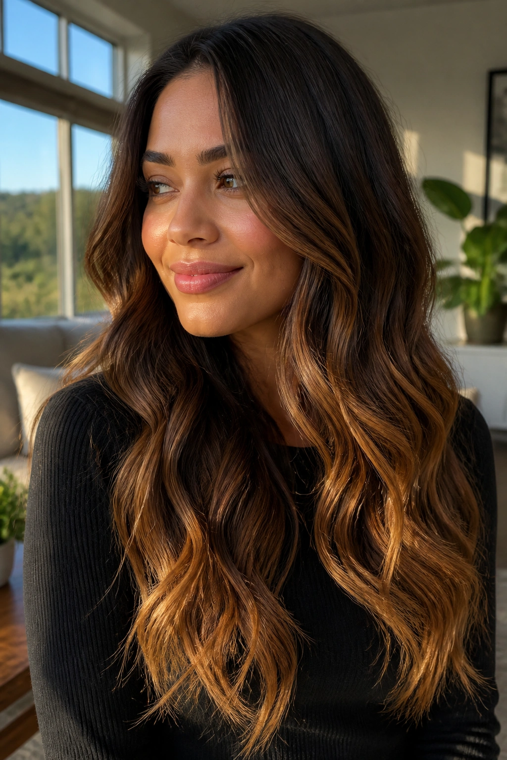Close-up of a real person with brown hair in golden bronze ombré