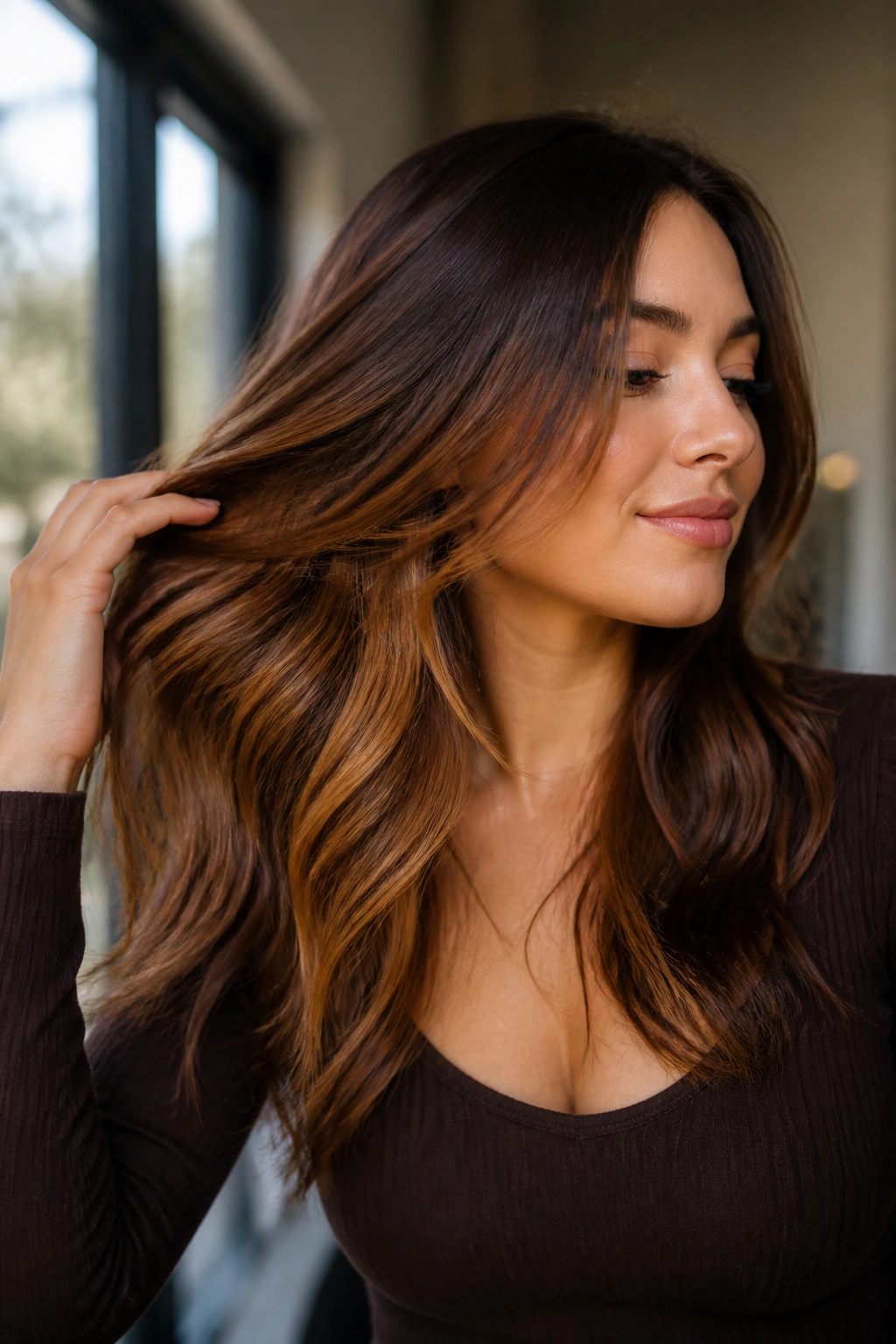 Brunette with hidden golden bronze underlayers peeking from under the top layer