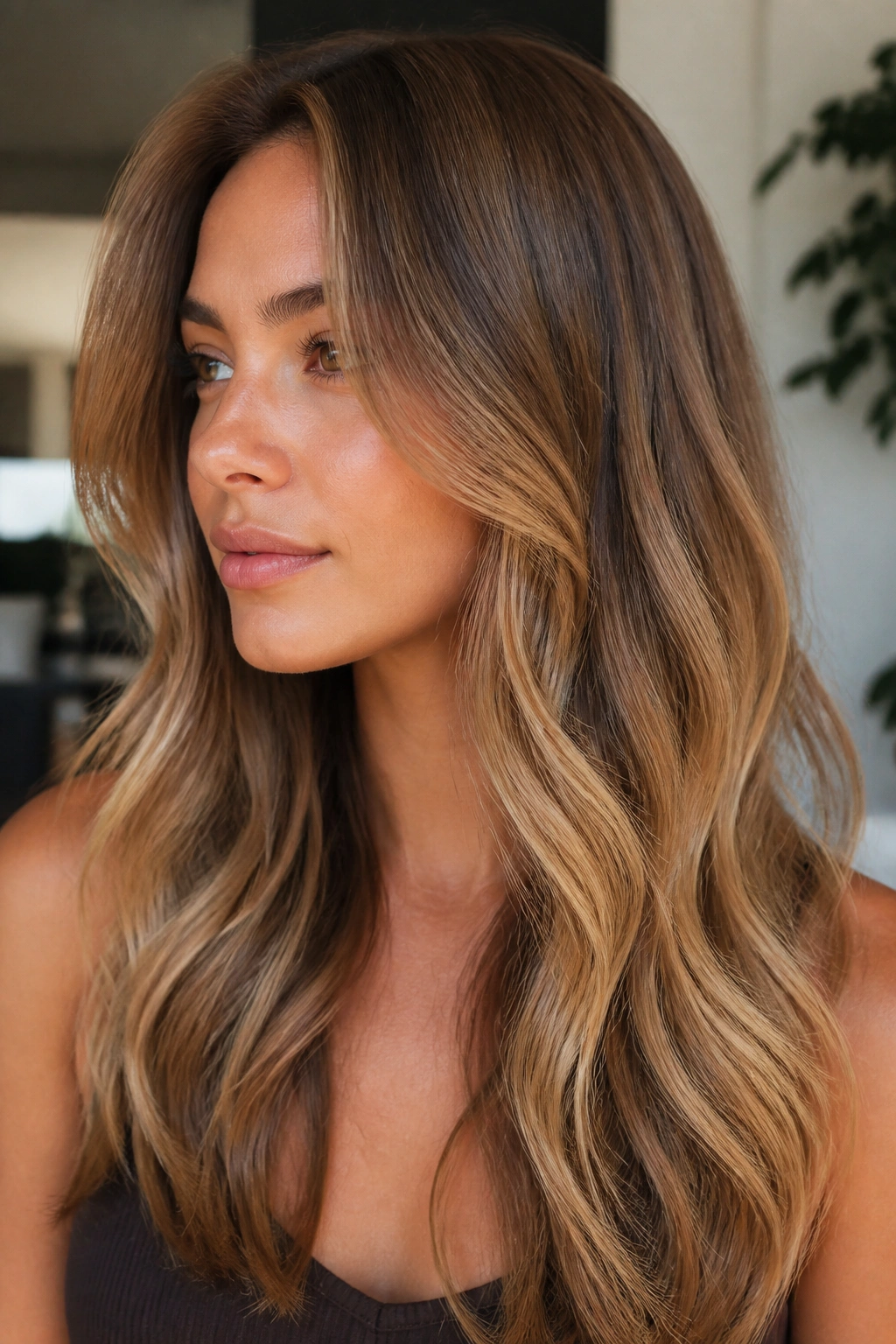 Close-up of real woman with golden brown bronde and low-contrast finish