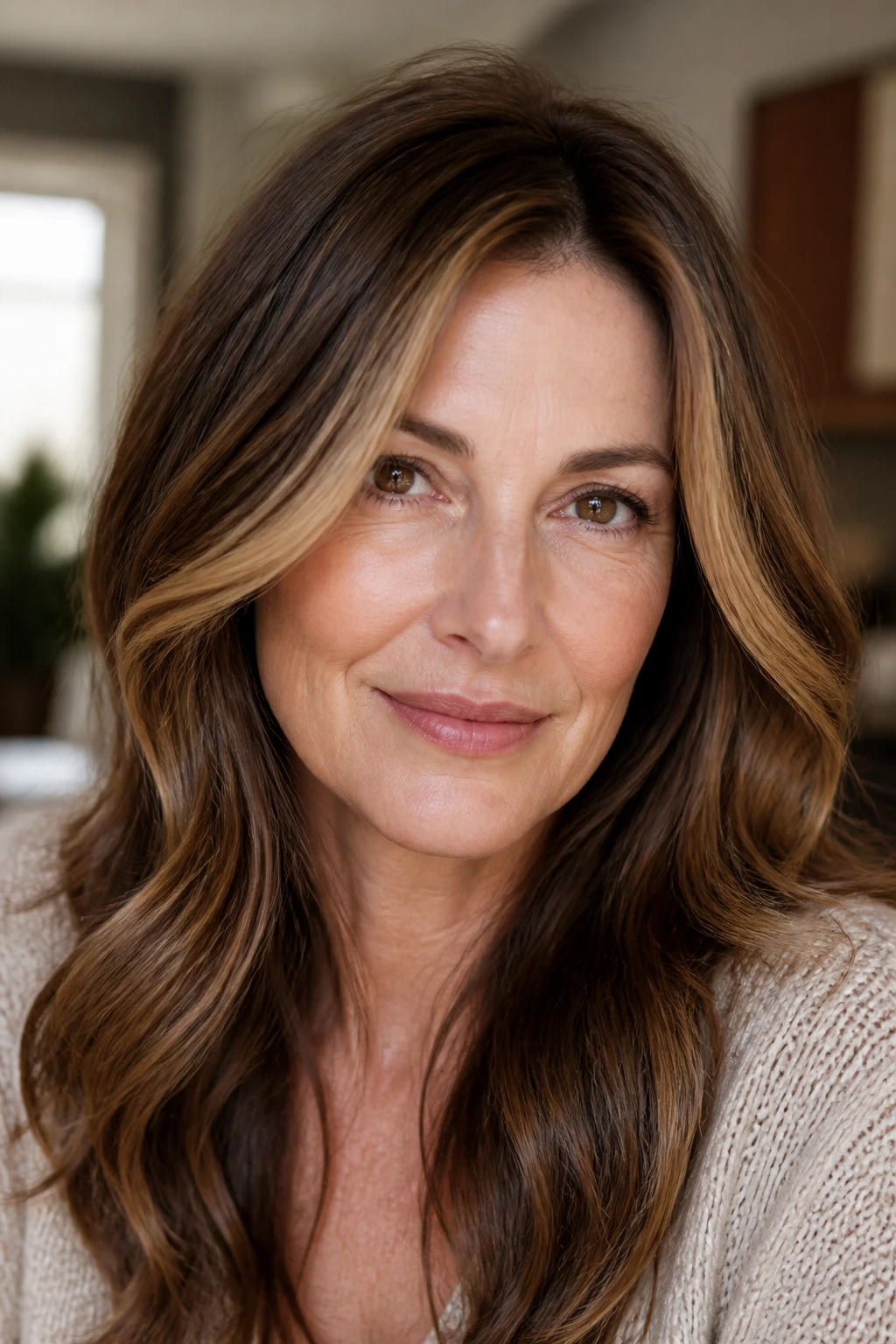 Close-up of a real woman with golden brown hair and a beige-gold face frame around the eyes