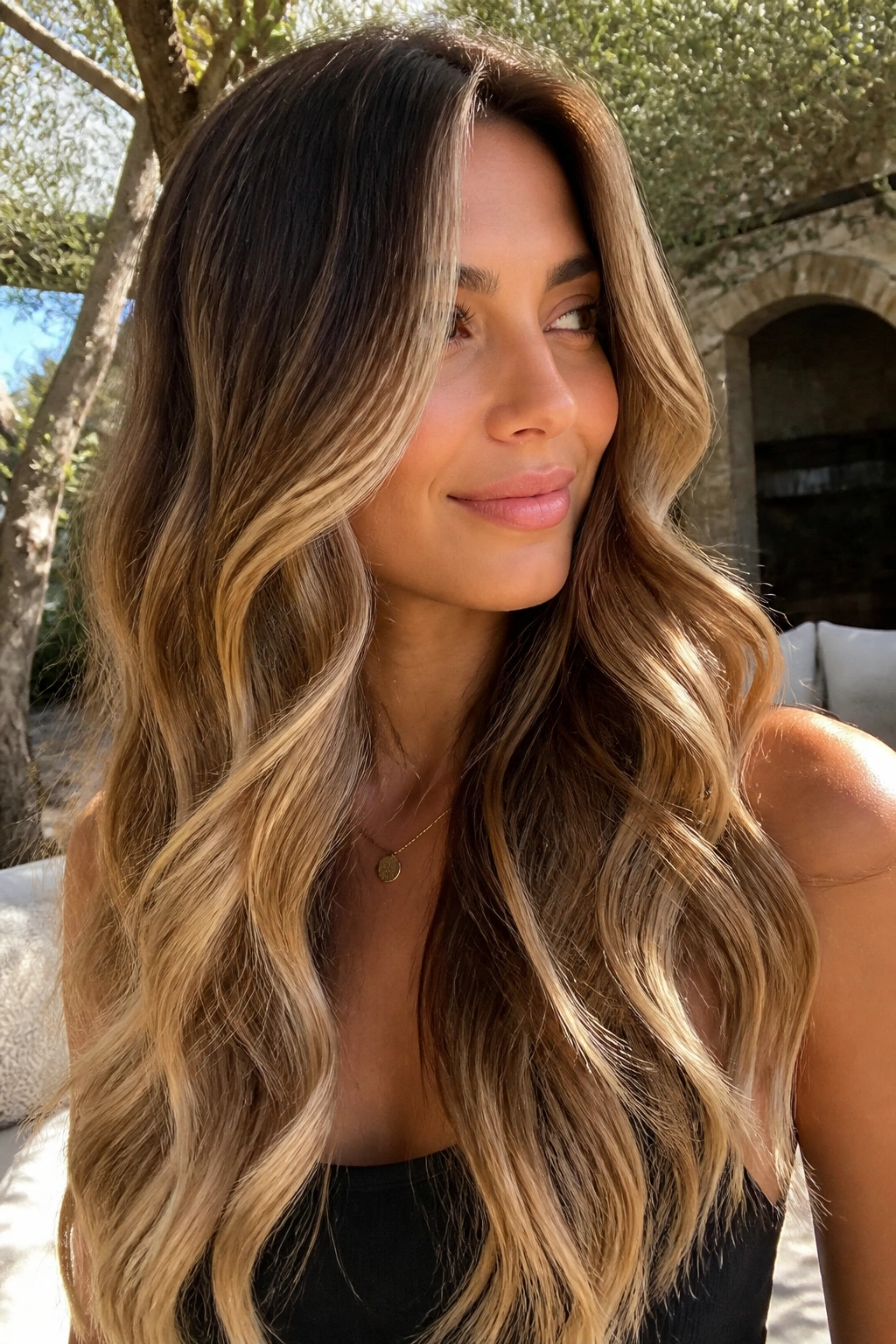 Close-up portrait of long wavy hair with golden brown base, honey mid-lengths, and champagne highlights