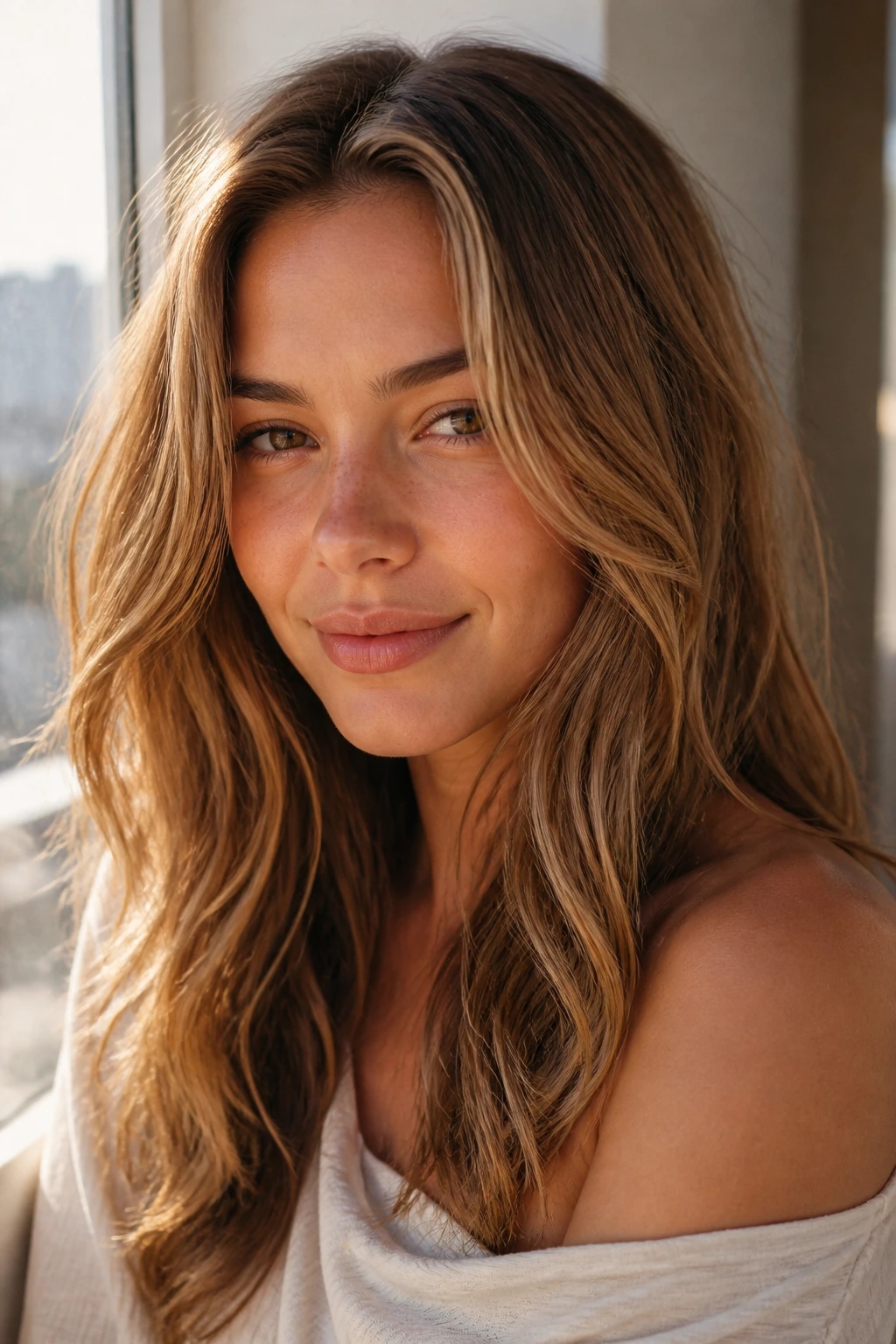 Close-up portrait of golden brown hair with honey highlights in sunlit light