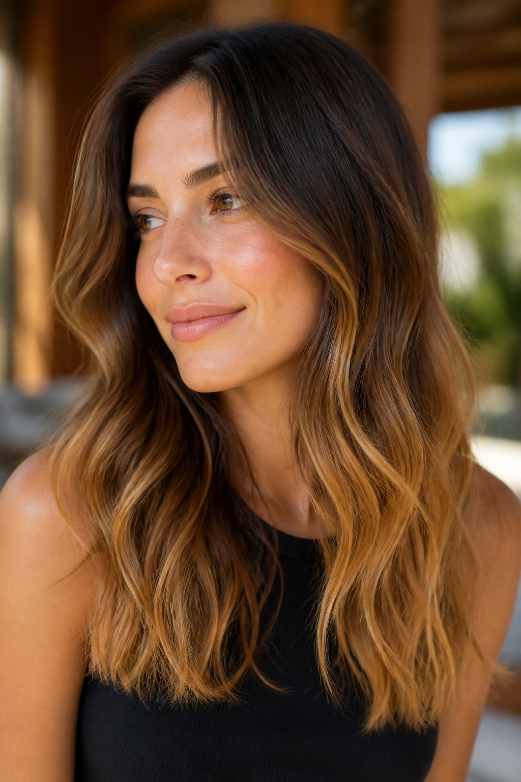 Real woman with golden brunette ends and soft grow-out in warm light