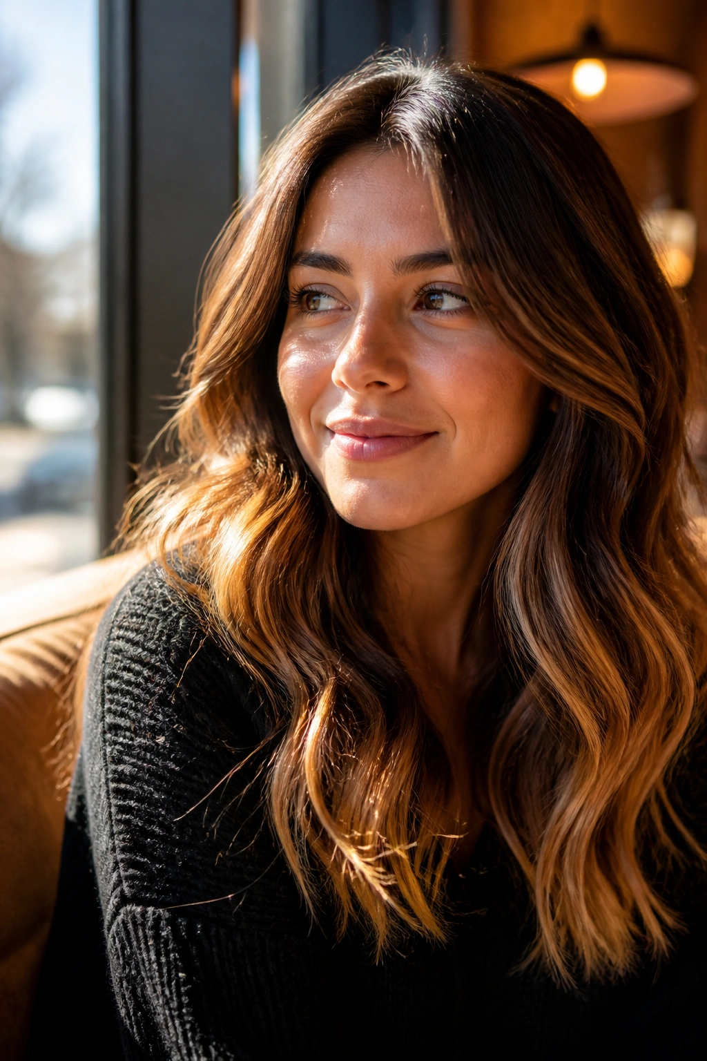 Close-up portrait of a real woman with golden brunette hair and sunlit ends.