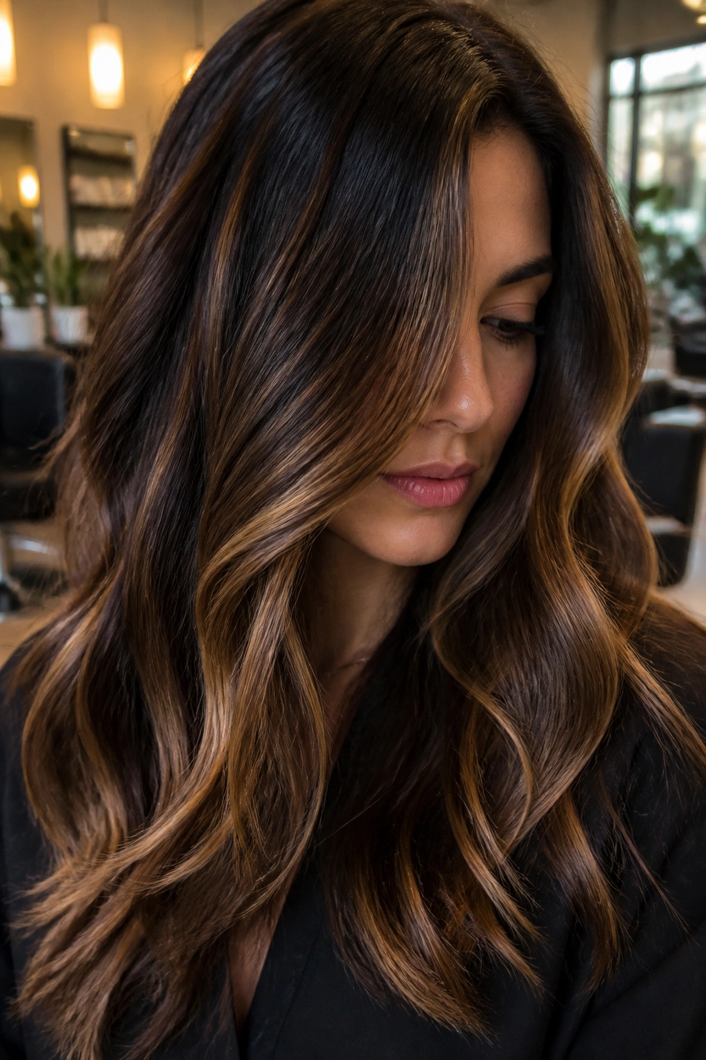 Close-up portrait of a brunette with golden caramel balayage in warm salon lighting