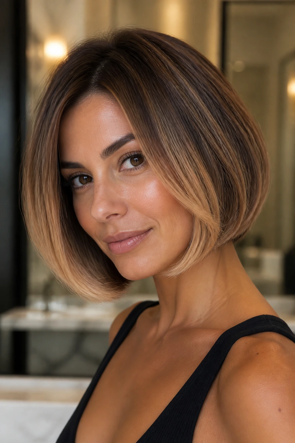 Rounded bob with golden caramel highlights along the jawline