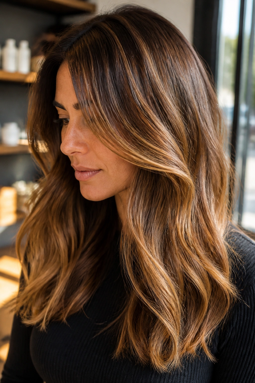 Close-up portrait of golden chestnut balayage with beige-gold highlights