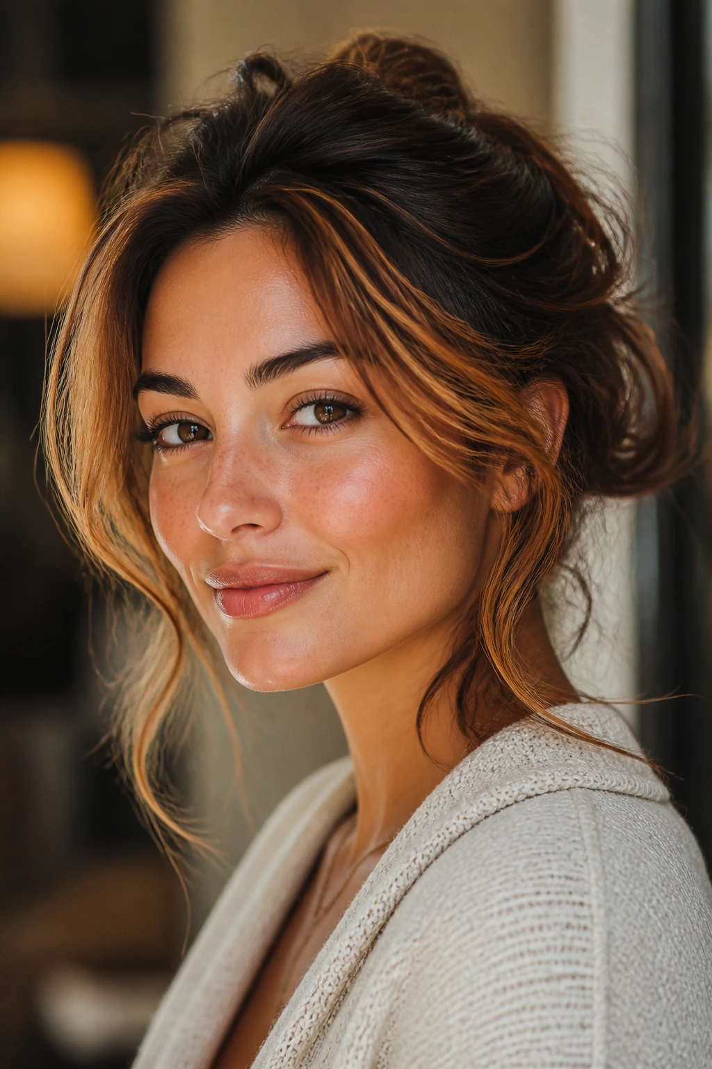 Portrait of a real woman with a golden copper halo around the face