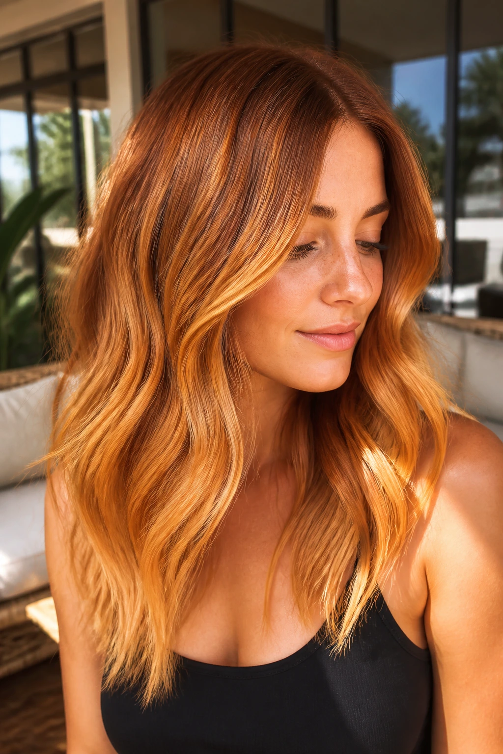 Close-up of a real woman with golden copper melt hair showing root shadow to gold ends