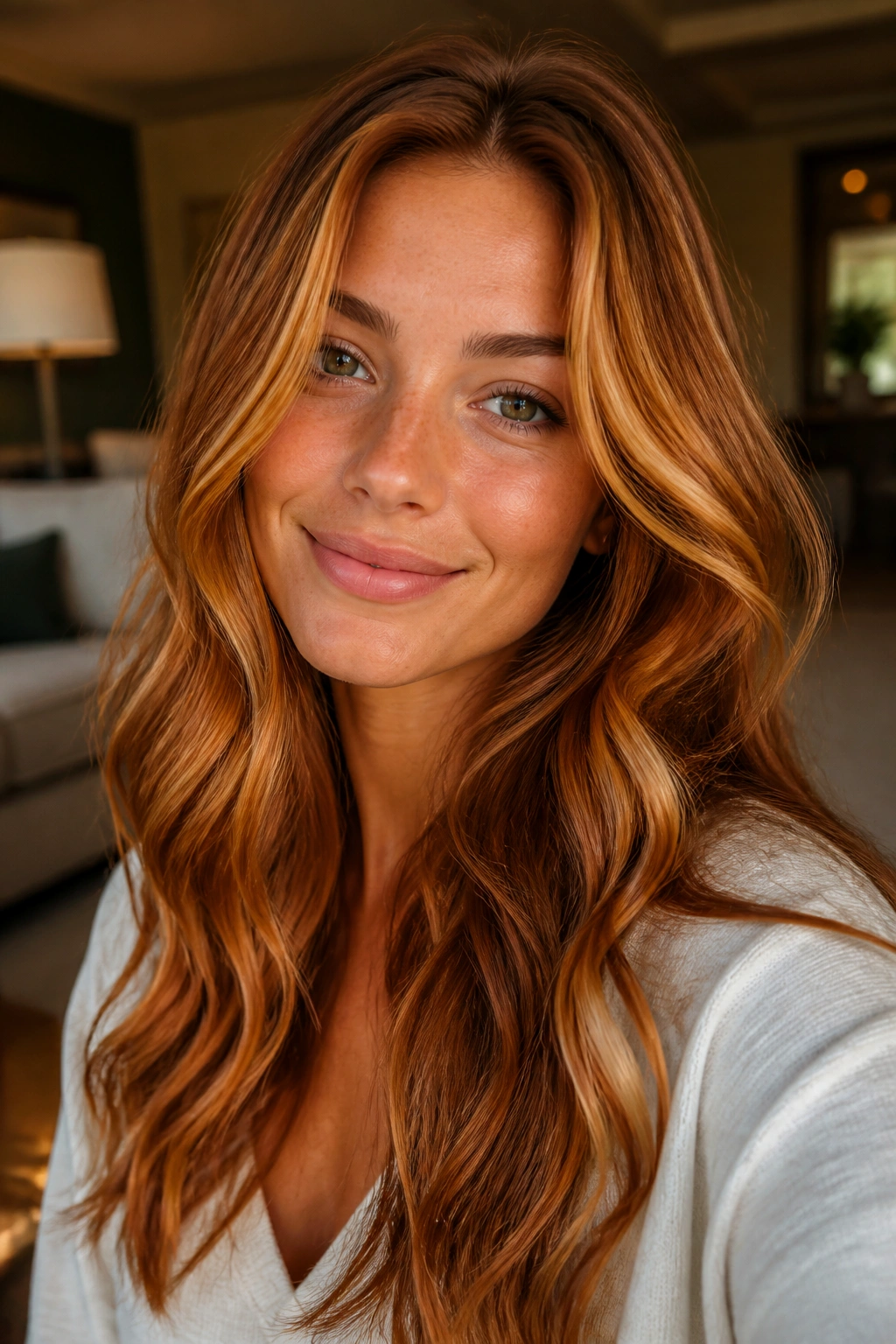 Portrait of a real woman with golden copper hair and ribbon highlights in warm light