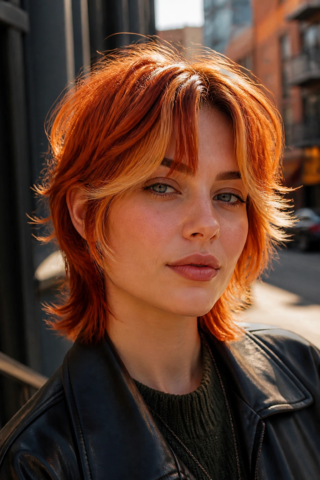 Portrait of a real person with a golden copper wolf cut in an urban setting during golden hour.
