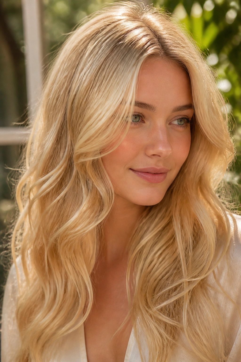 Close-up of real woman with golden glaze blonde hair and glossy shine