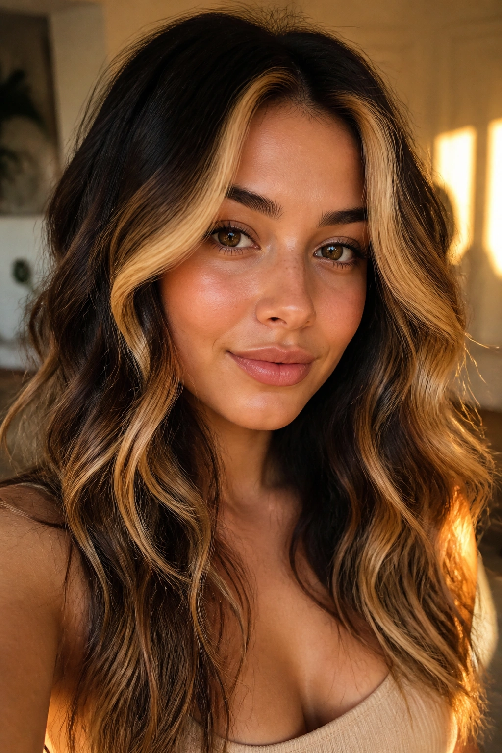 Close-up of a real woman with golden halo face-framing around the temples and cheeks.