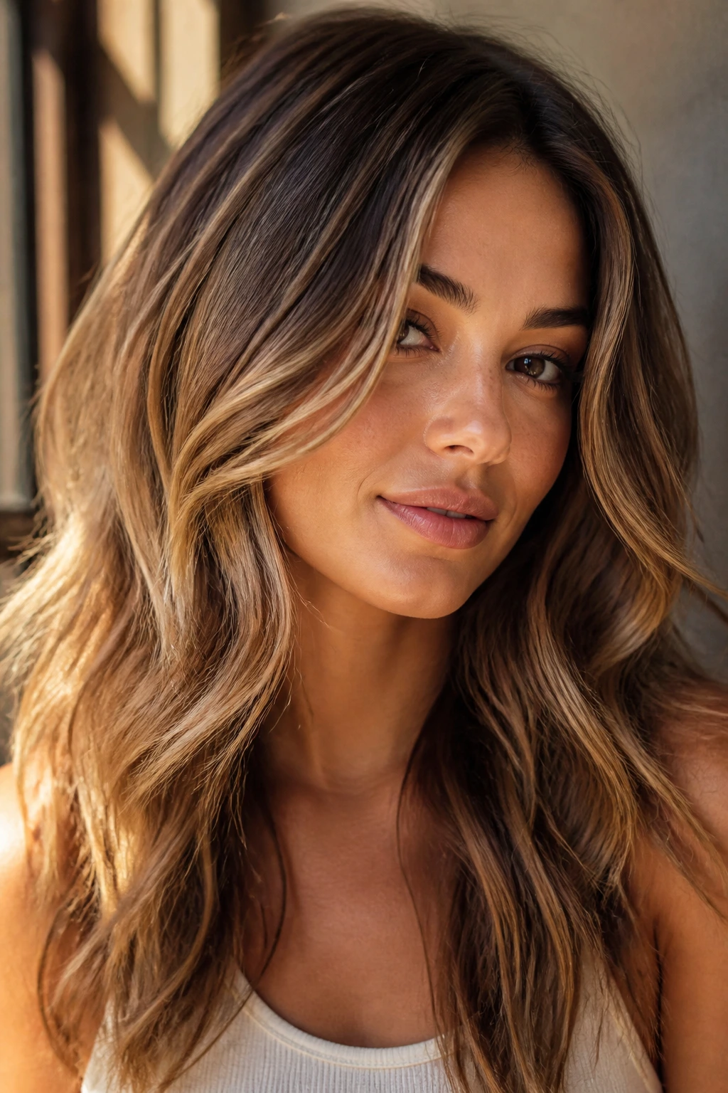 Close-up portrait of a real woman with golden highlights in brown hair