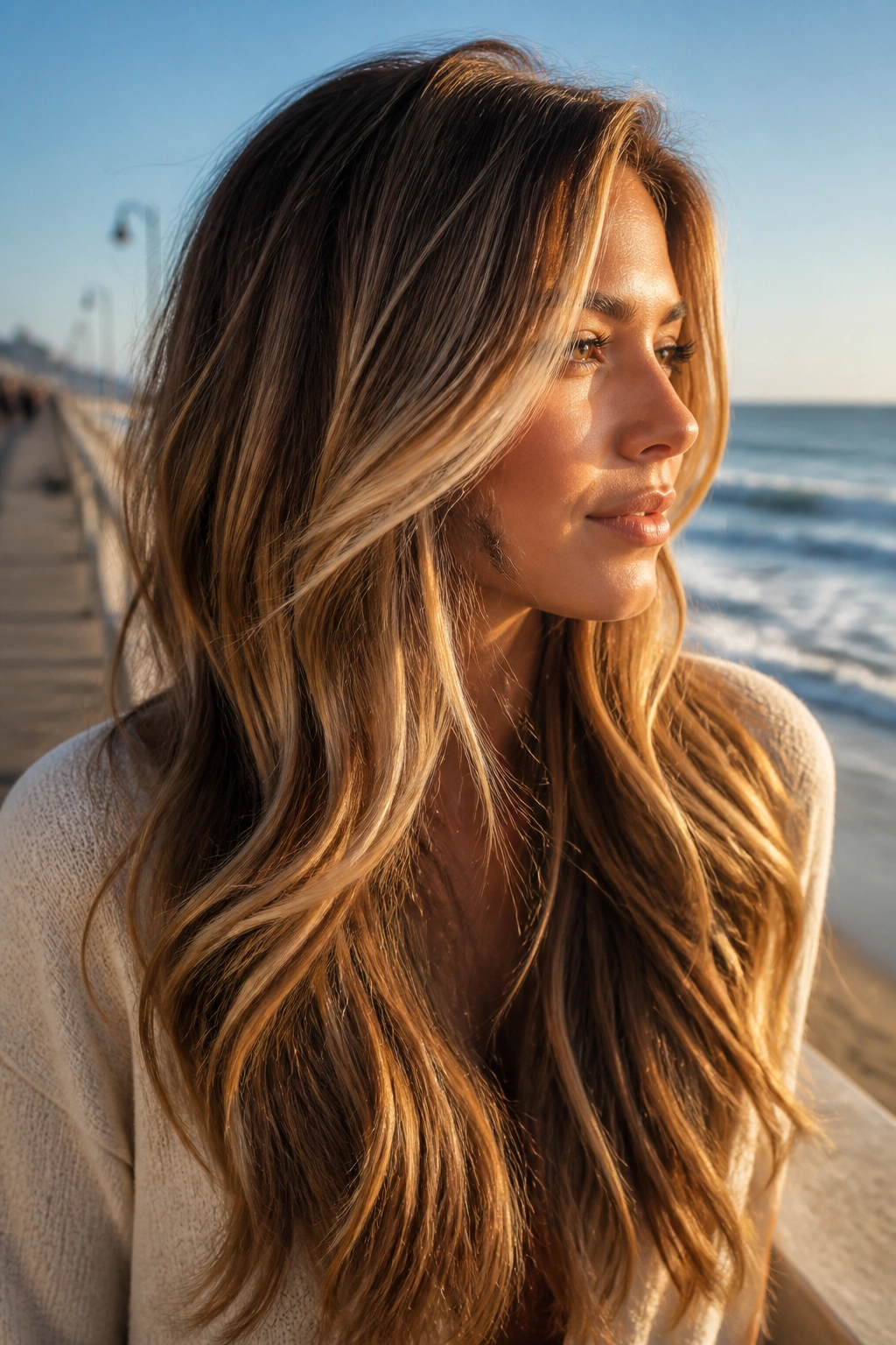 Close-up portrait of a real woman with golden honey balayage hair catching sunlight