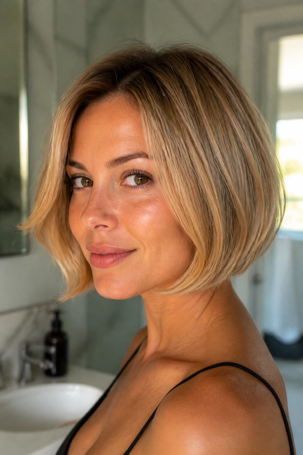 Close-up of a real woman with a golden honey blonde bob featuring beveled ends and light-catching outer layers