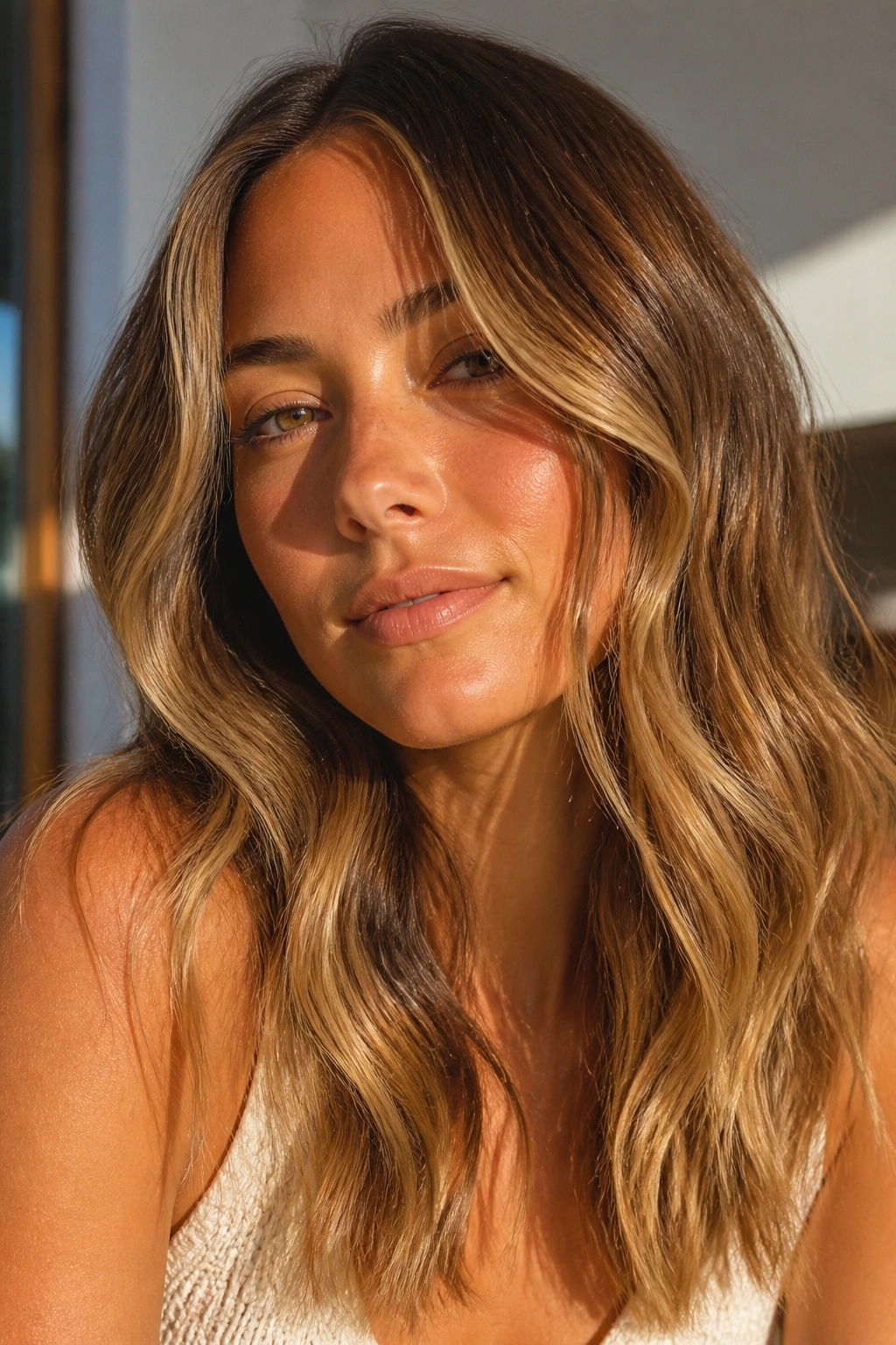 Close-up of bronde balayage with sun-kissed face-framing highlights