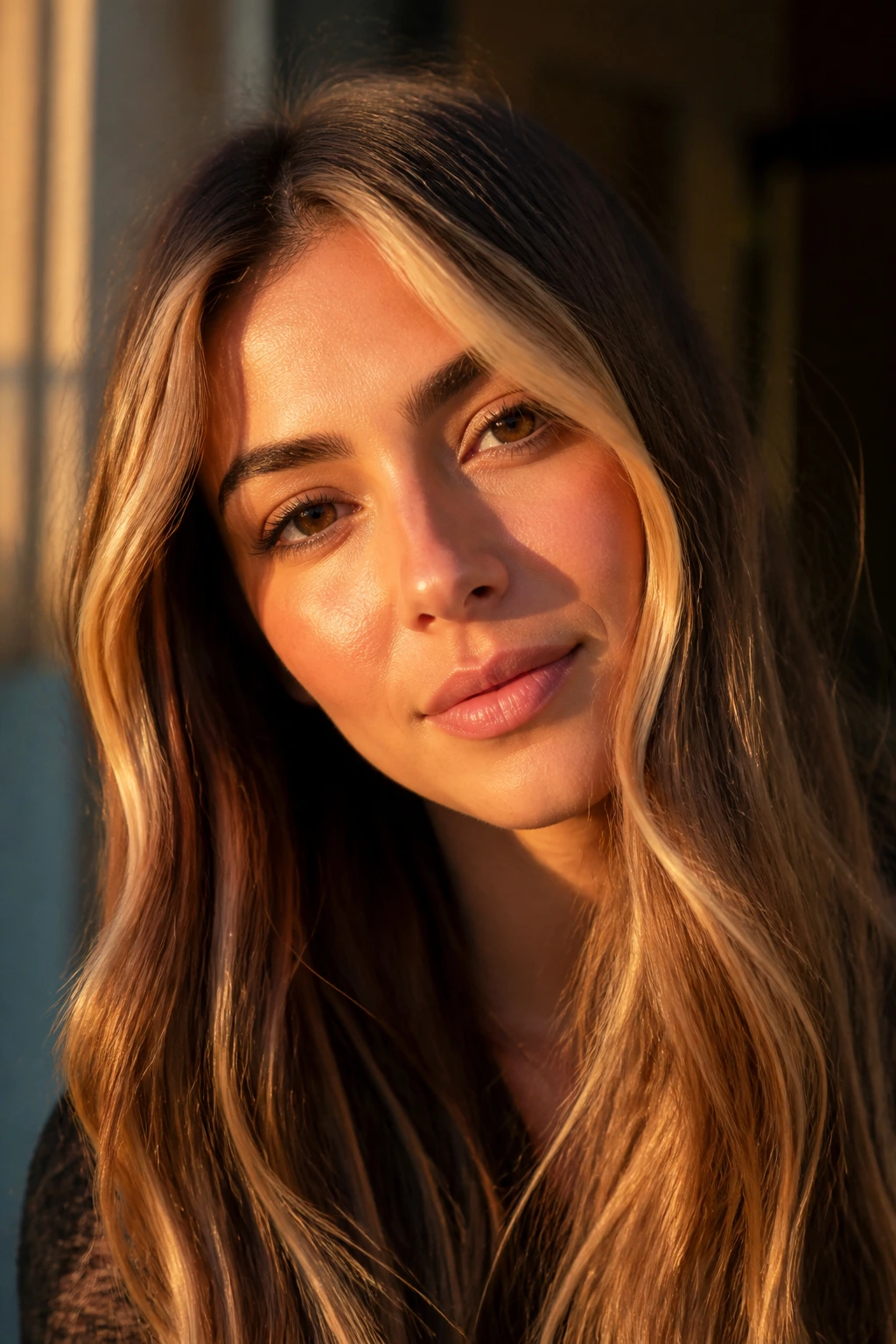 Portrait of real woman with golden hour face-framing highlights around face