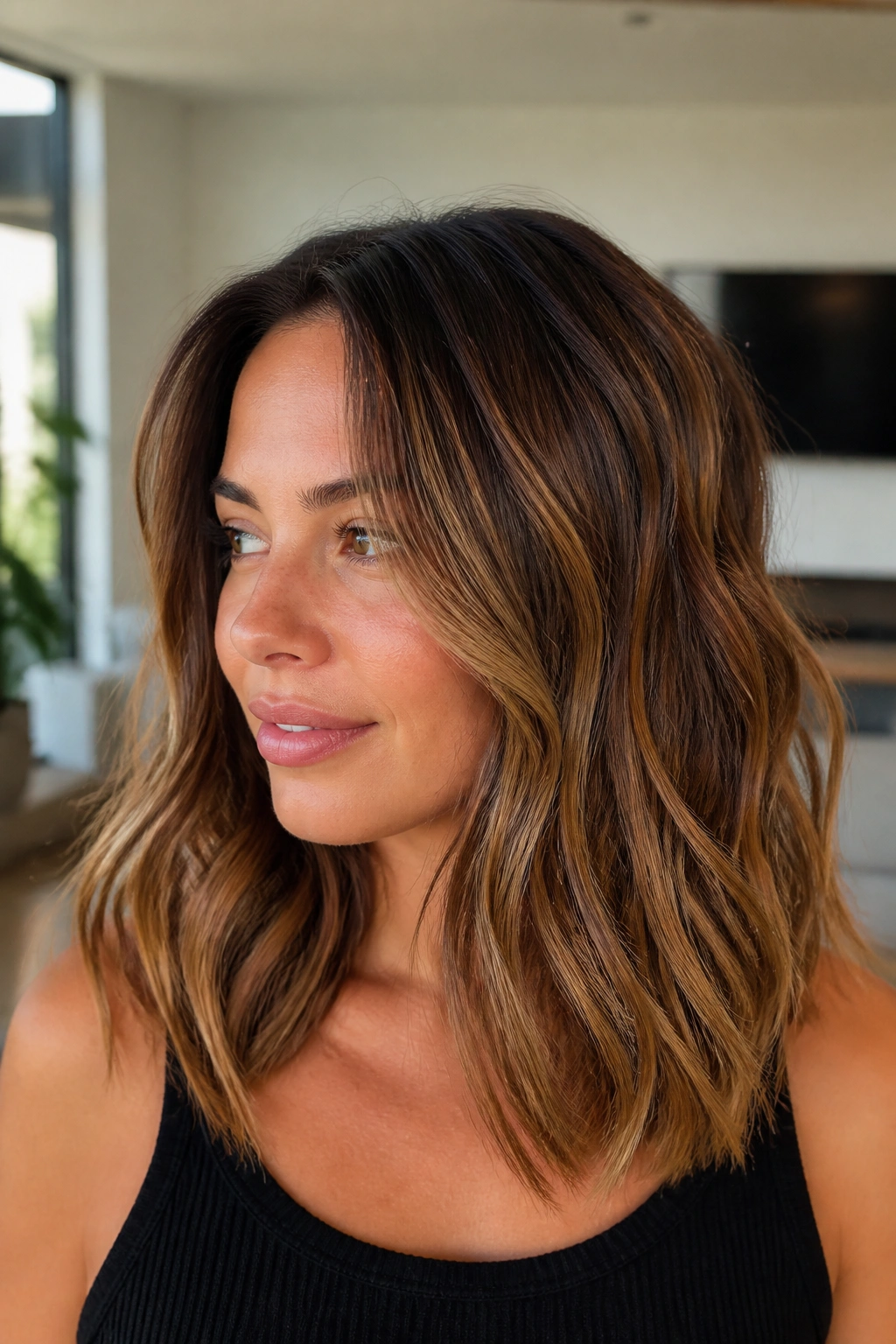 Close-up brunette with golden mocha balayage in warm window light