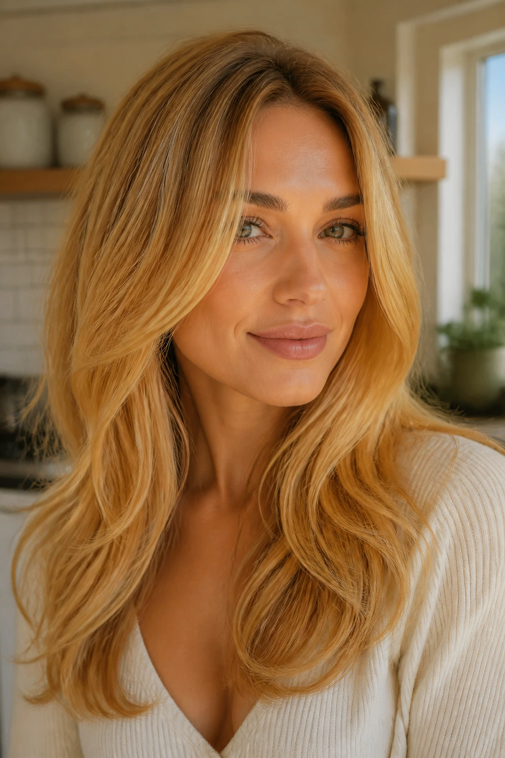 Close-up portrait of a real person with golden ochre blonde hair