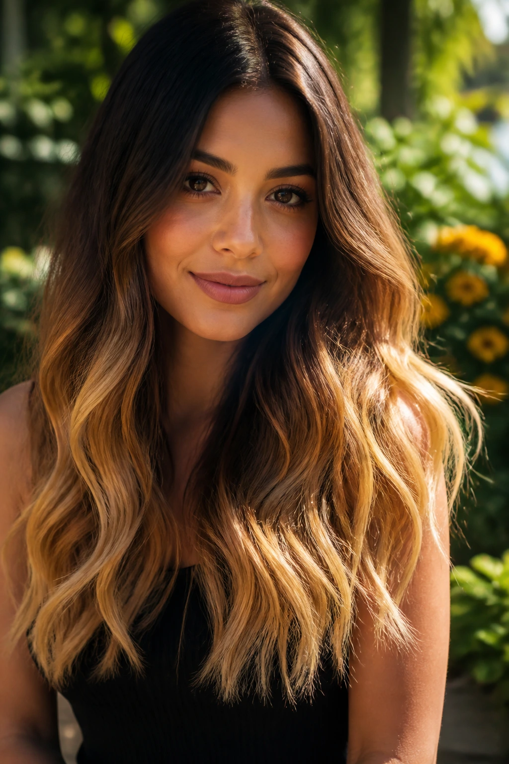 Brunette with golden ombré ends in bright outdoor light