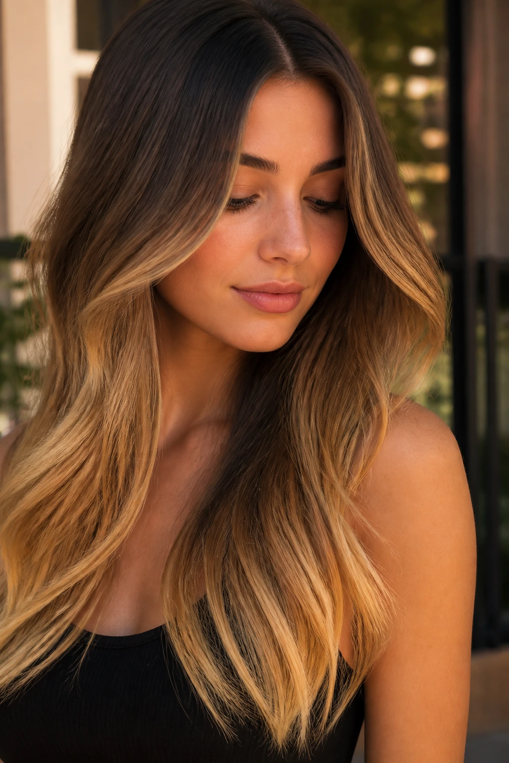 Long hair with golden ombré ends starting at cheekbone, soft transition.