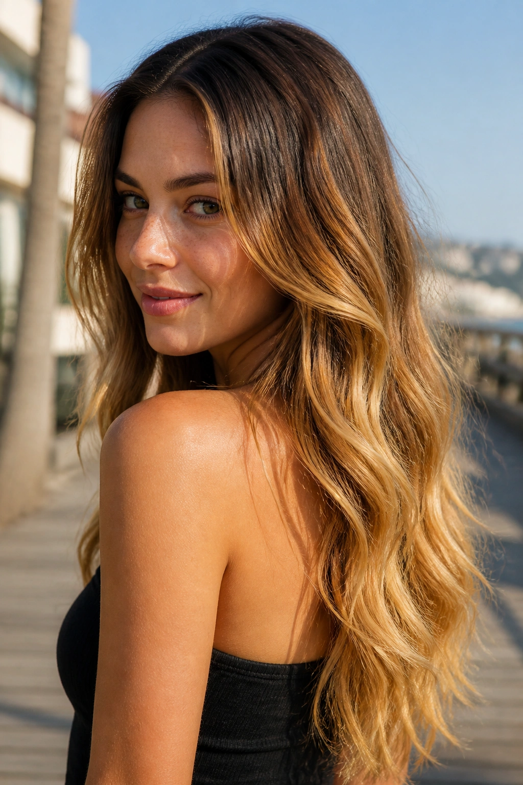 Portrait of a woman with golden ombré hair gradient from roots to ends.