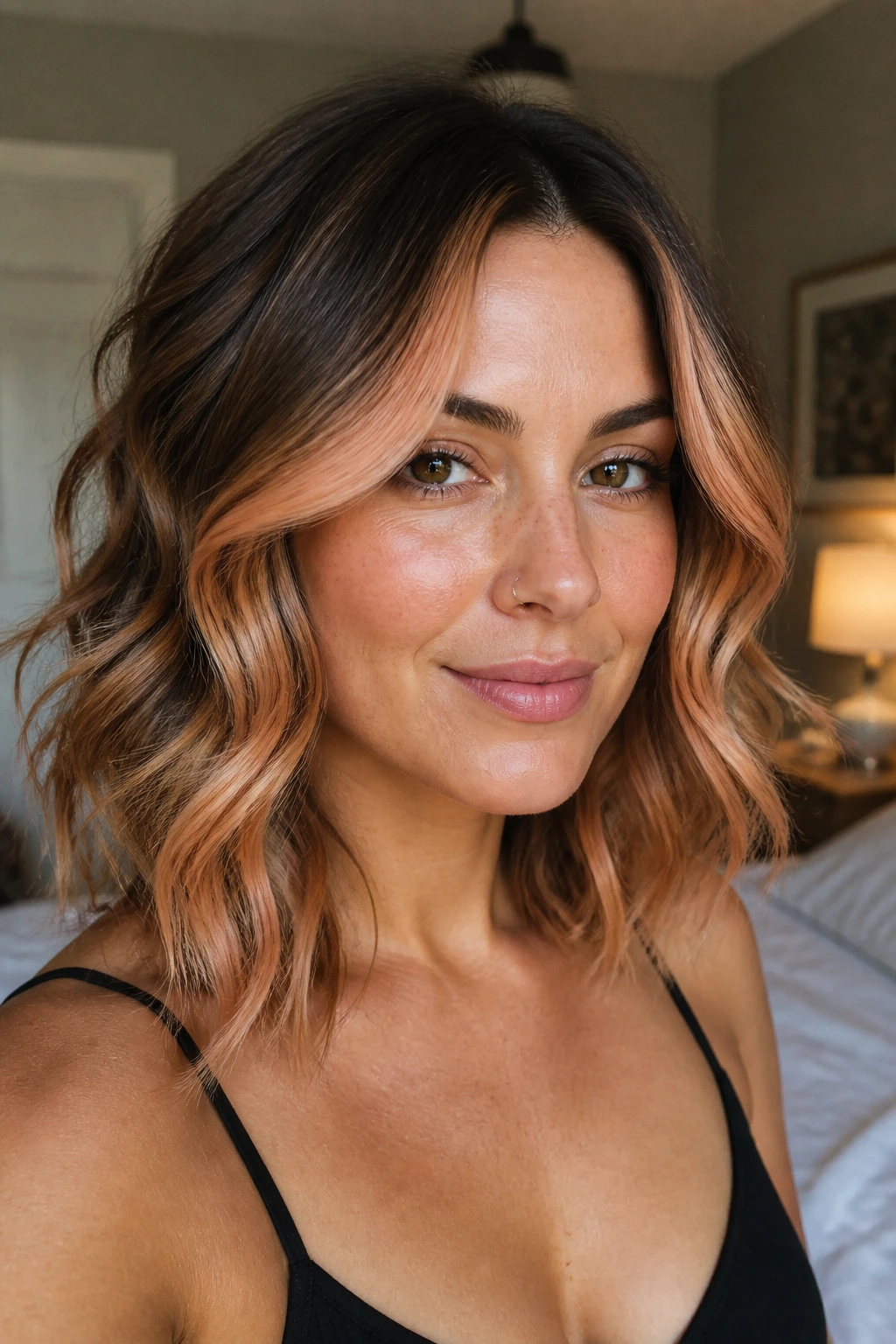 Close-up of real woman with golden peach money piece balayage framing the face