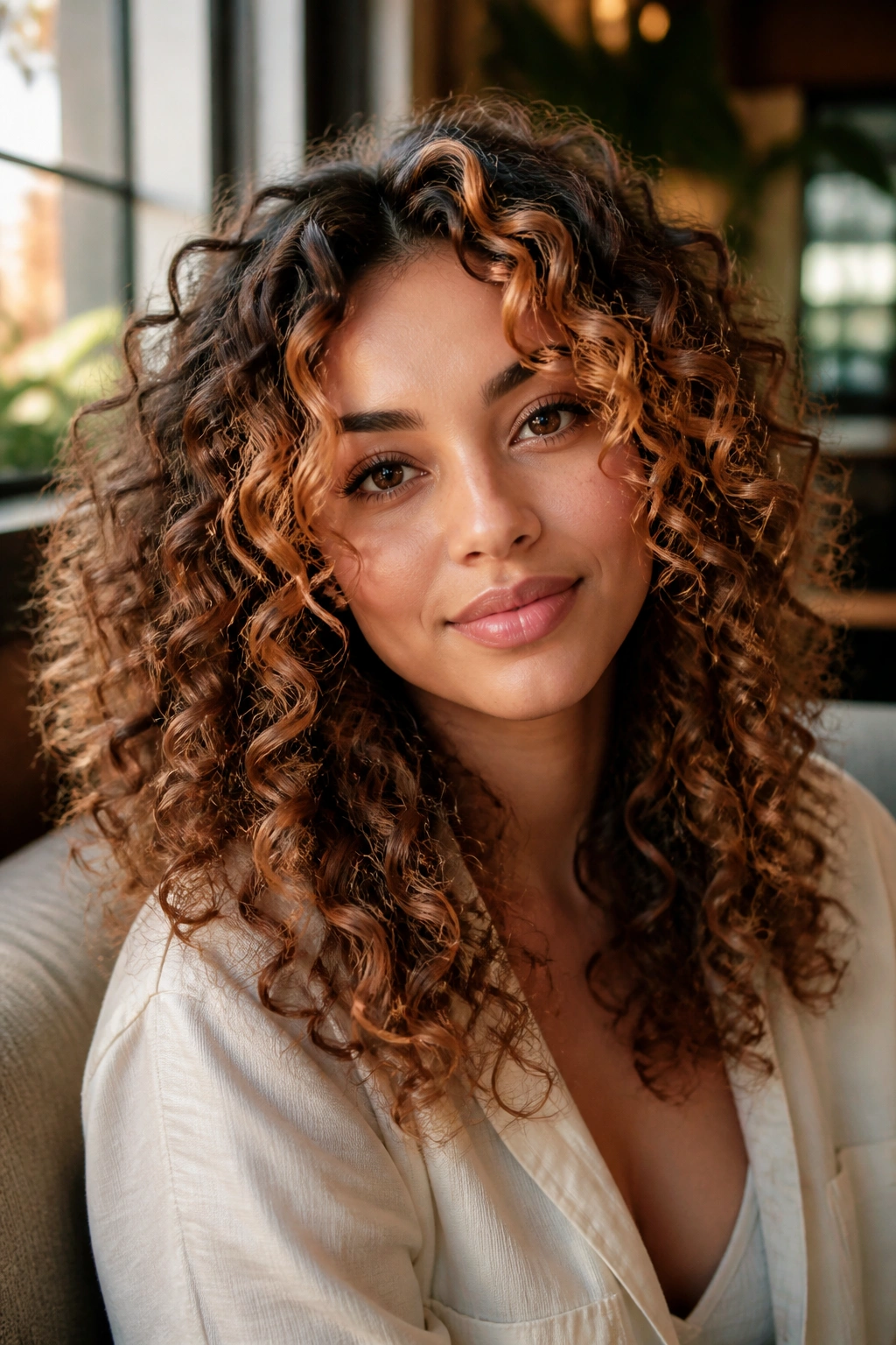 Mid-depth curls with golden peach face-frame catching sunlight