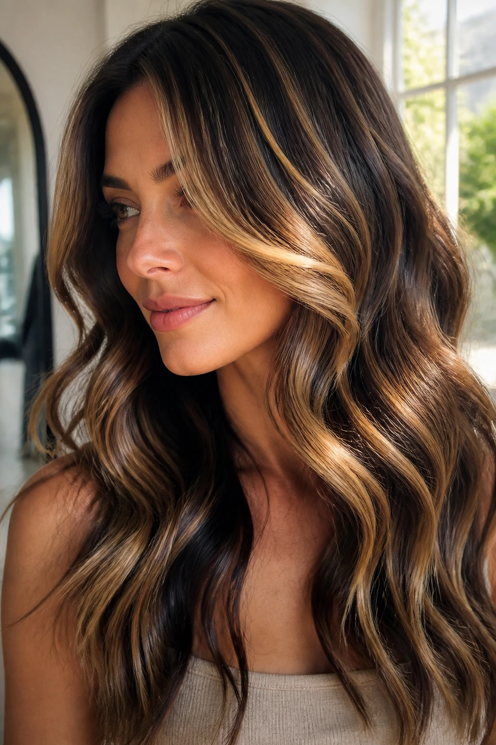 Brunette with golden ribbon highlights catching light