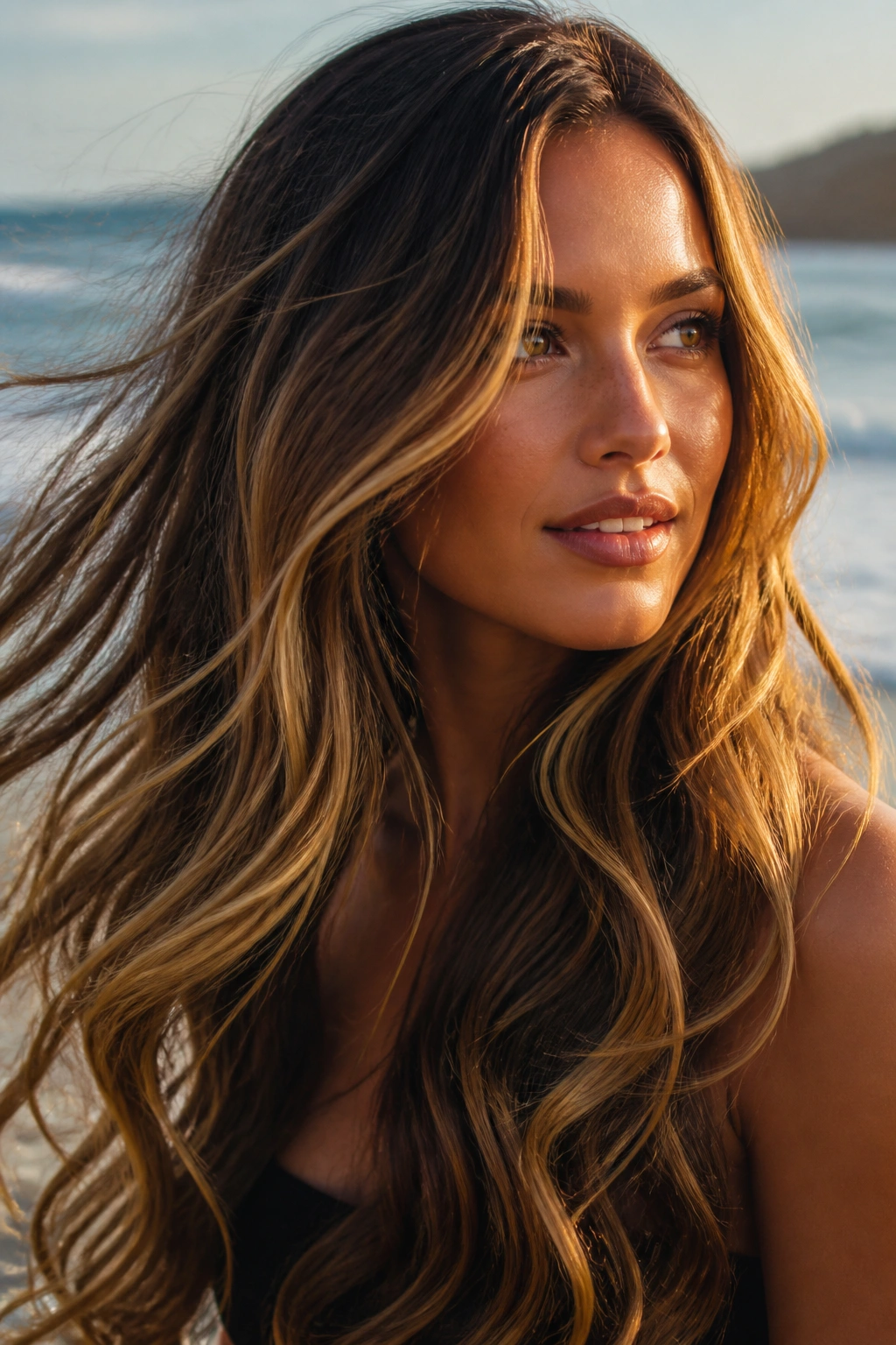 Long brunette waves with golden ribbon highlights