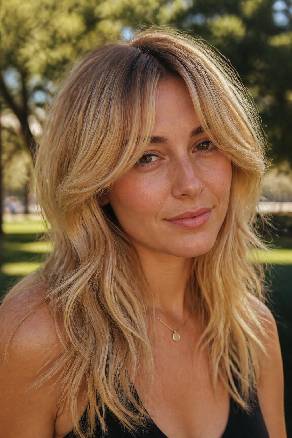 Portrait of a woman with golden-root blonde wolf cut and layered curtain bangs outdoors