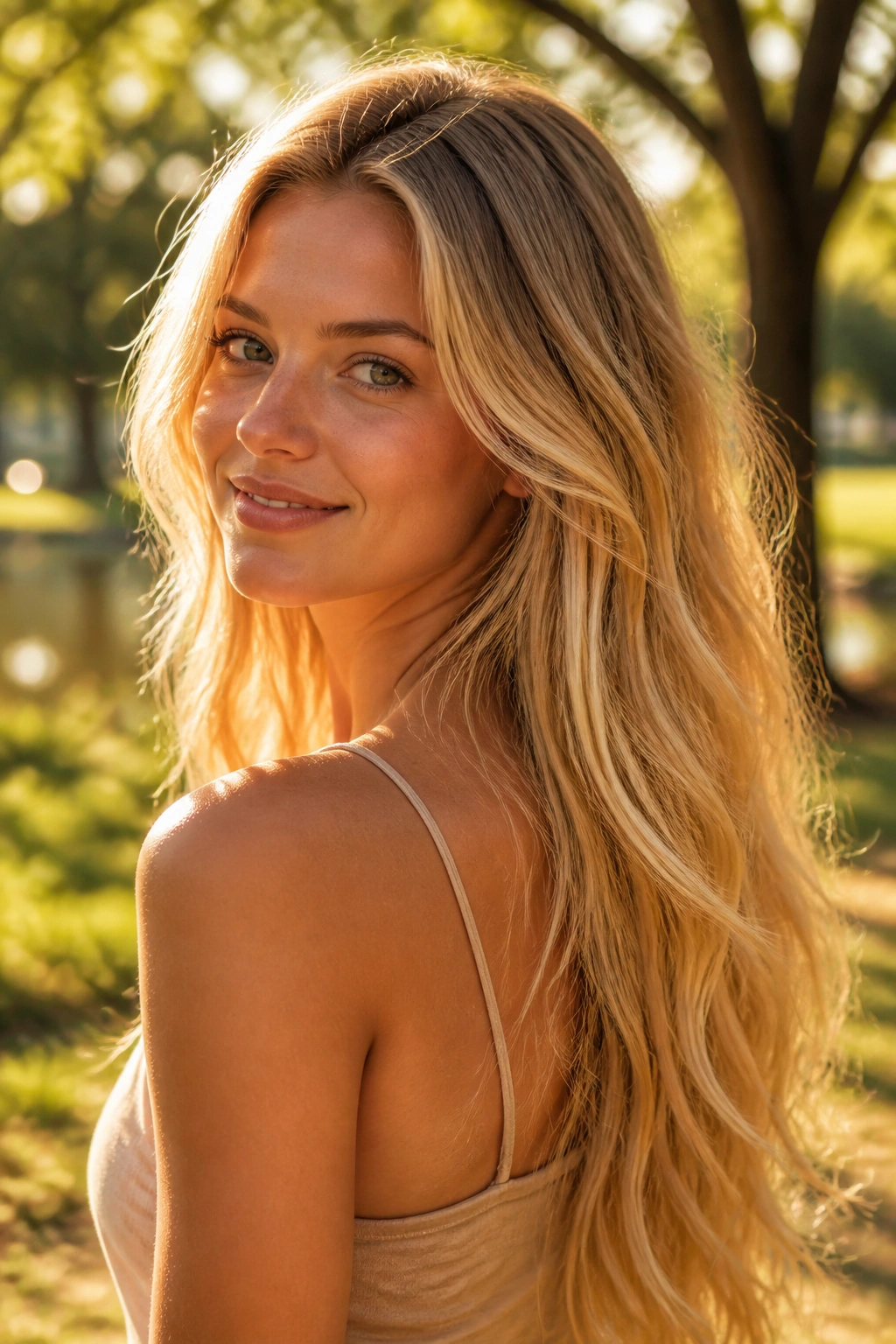 Close-up portrait of a real woman with golden sunlit blonde hair